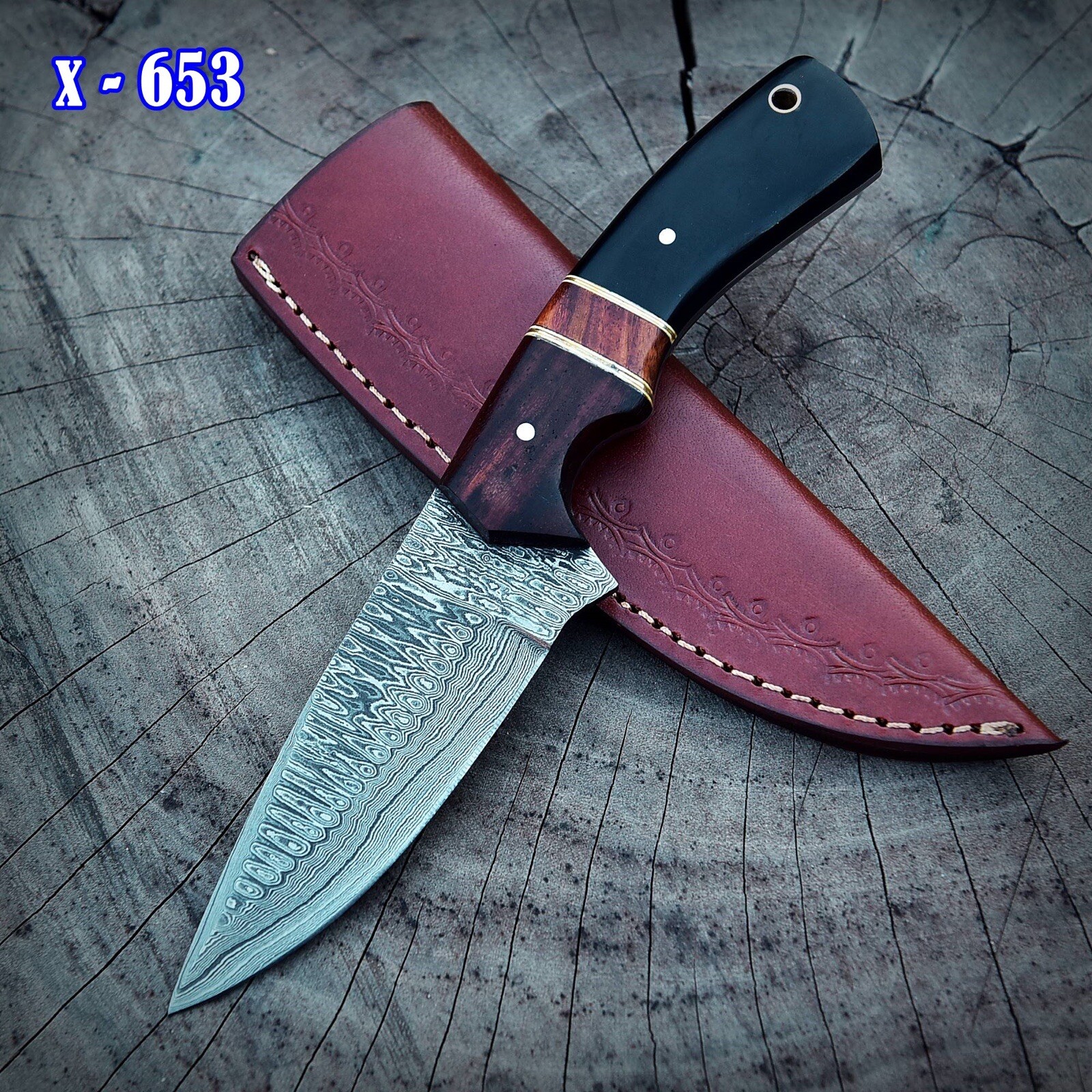 9” Handmade Damascus Hunting Tactical Fixed Blade Knife Wood & Bull Horn Handle