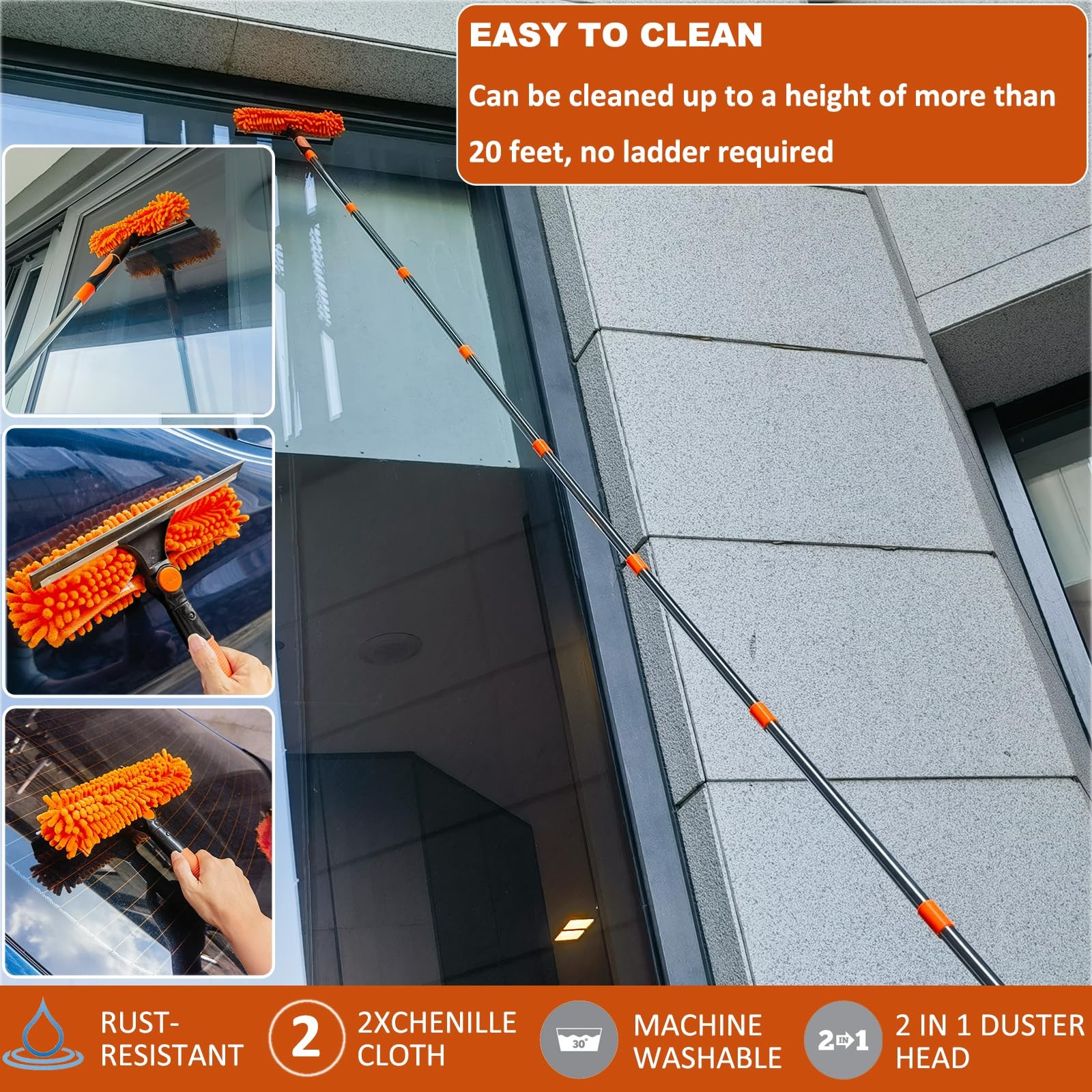 20ft High Reach Duster Kit - Extension Pole, Window Washer Squeegee