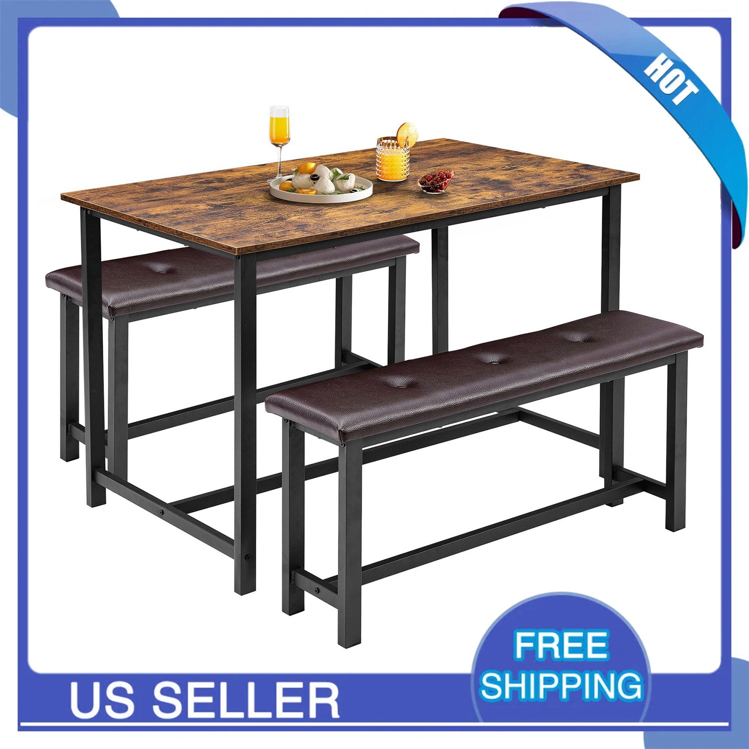 Space-Saving 3-Piece Dining Table Set Rectangular Kitchen Table with 2 Benches