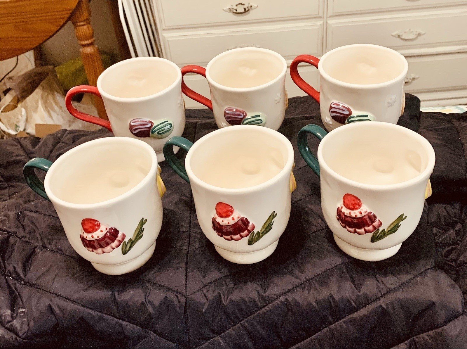 Set Of 6 Anthropologie Holifaye Stoneware Mugs Red/Green Brand New