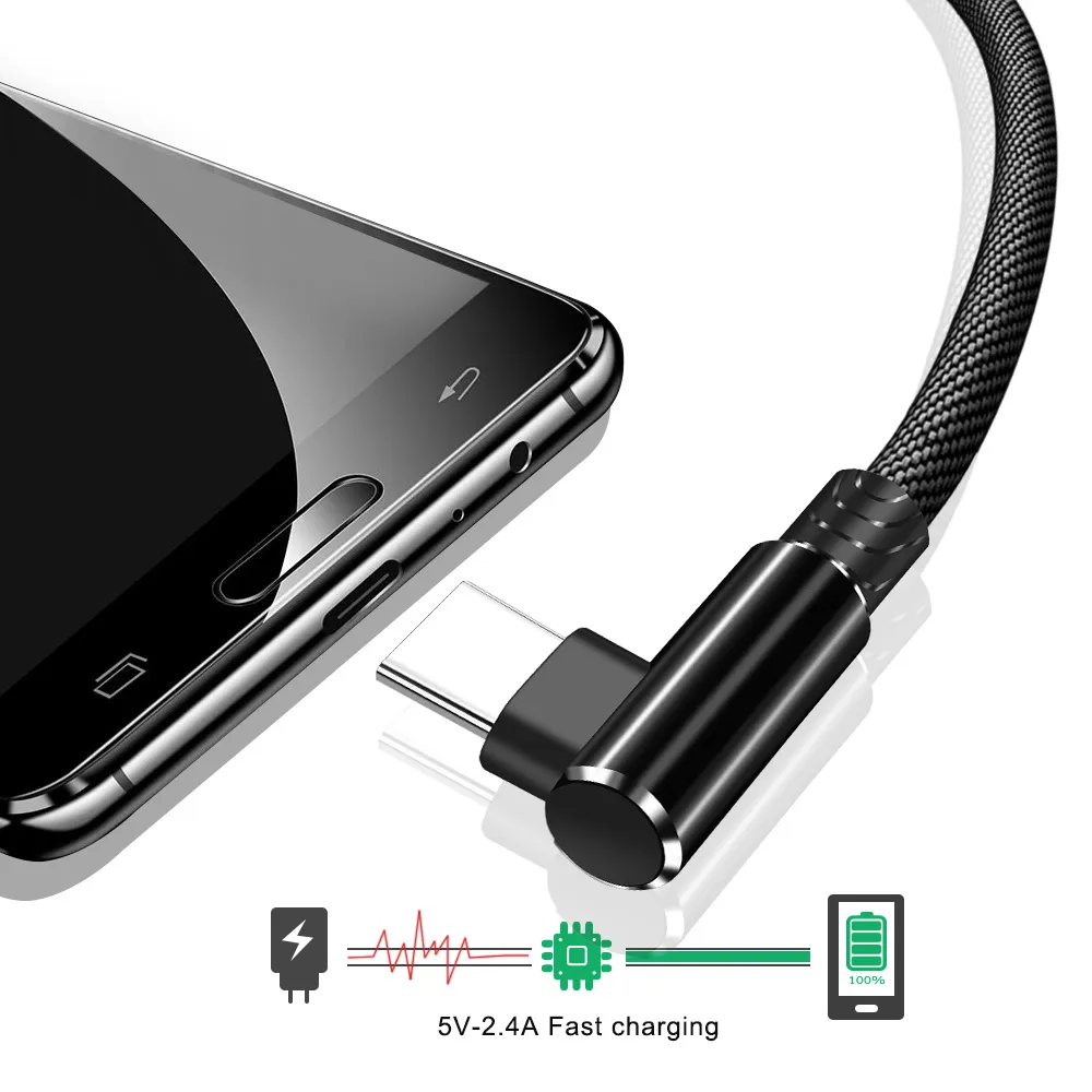 Type C 90 Degree Right Angle USB C 2.4A Fast Data Sync Charging Charger Cable
