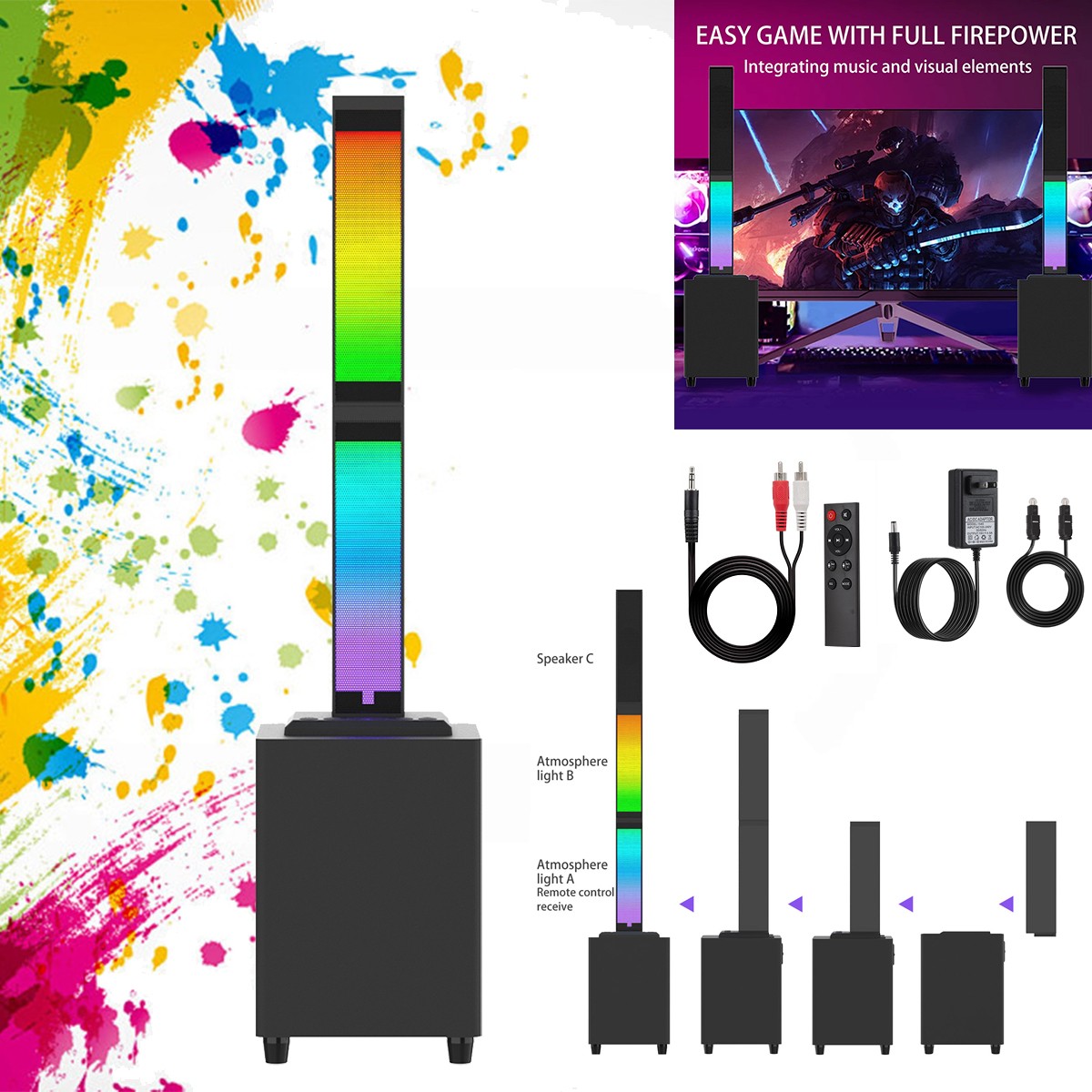 Bluetooth Speaker Detachable Wireless Speaker Karaoke Home Theater w/RGB Light