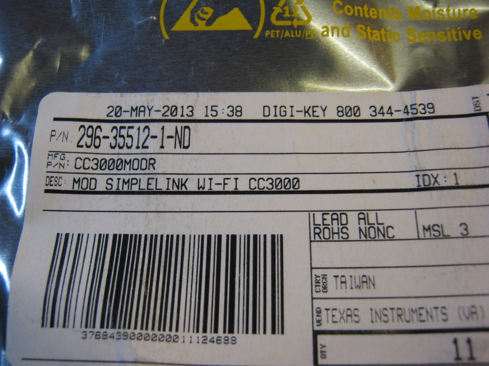 Texas Instruments CC3000MODR WI-FI Module 2.4 GHZ 802.11 Protocol Non-ROHS