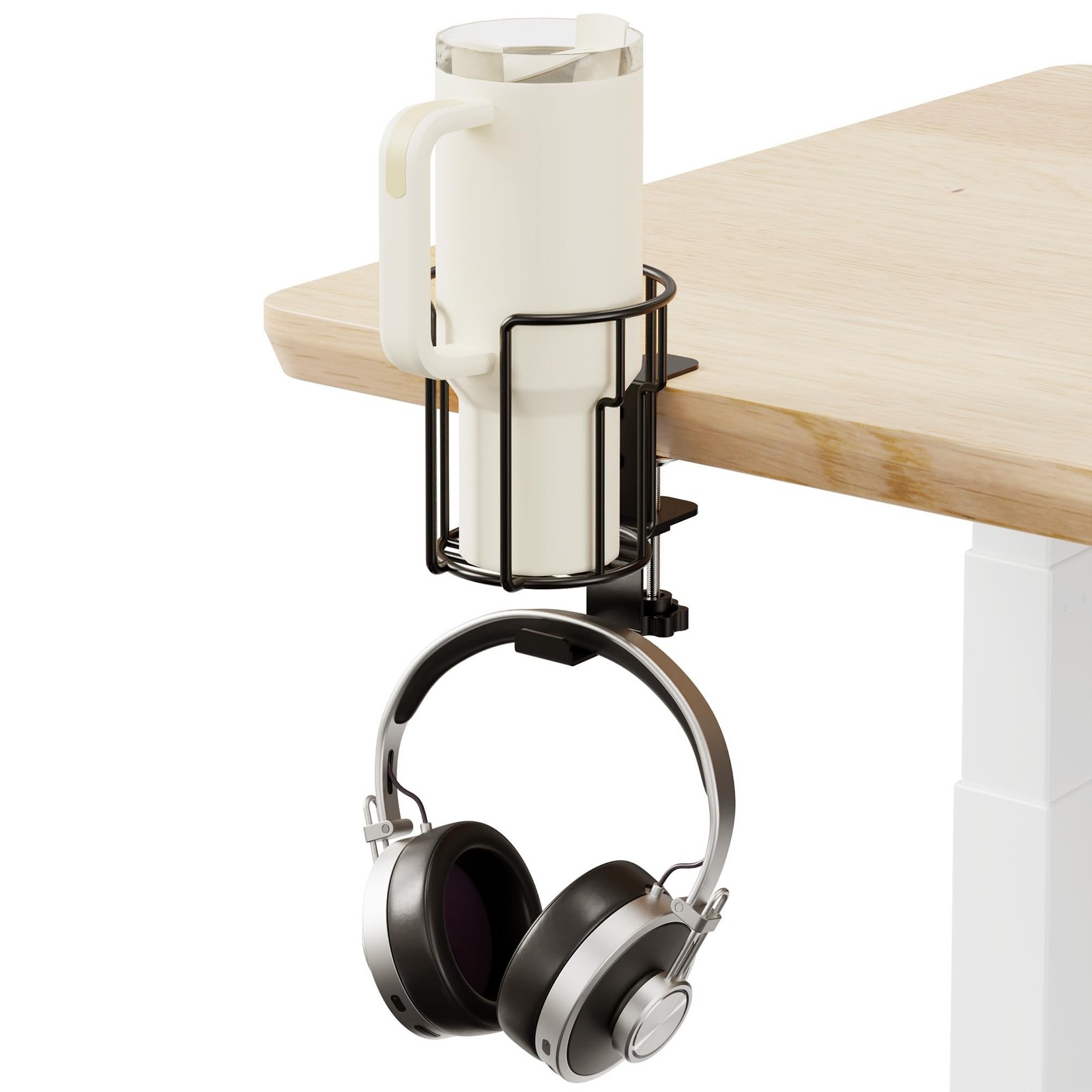 Large Desk Cup Holder, 2-in-1 Clip On Cup Holder with Headphone Hook, Heavy-D...