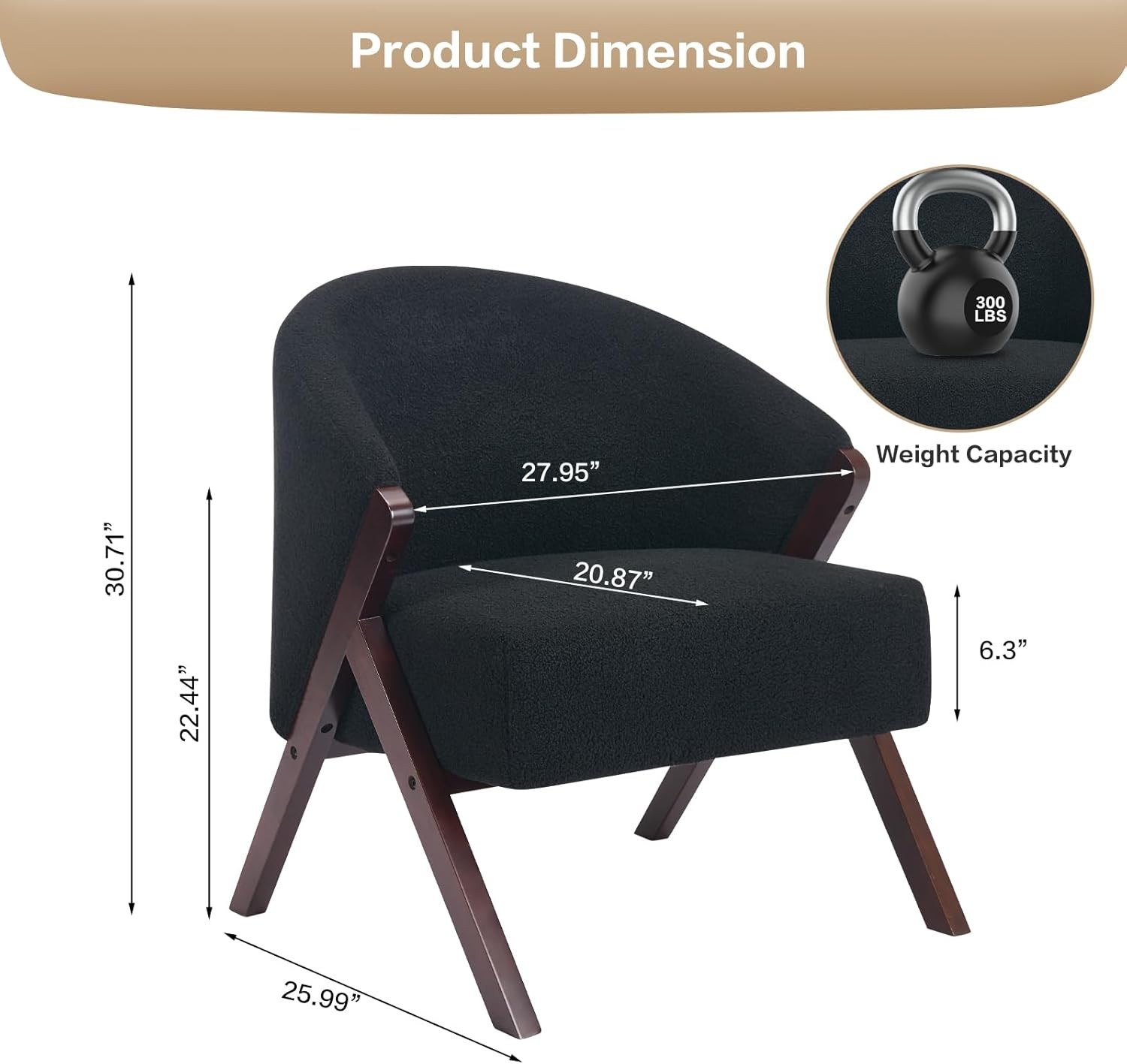 Black Modern Accent Chair with Teddy Velvet, Comfy Upholstered Reading Chair
