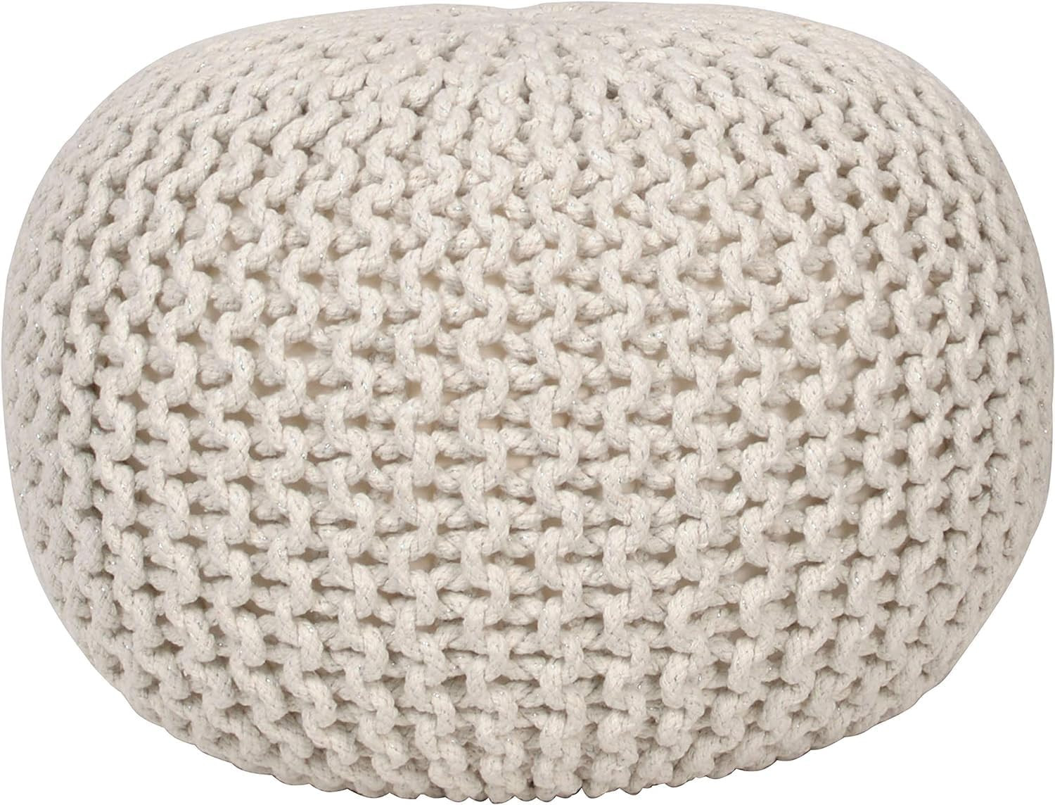 Decor Therapy Lola round Knit Lurex Yarn and Cotton Pouf, Off-White 20X20X14