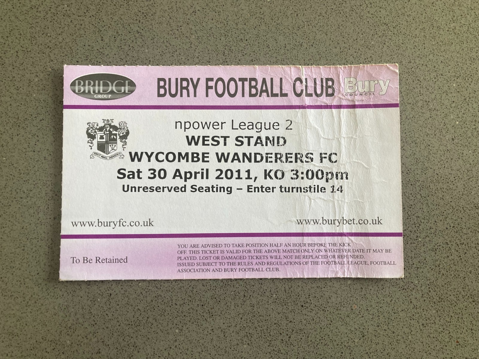 Bury v Wycombe Wanderers 2010-11 Match Ticket