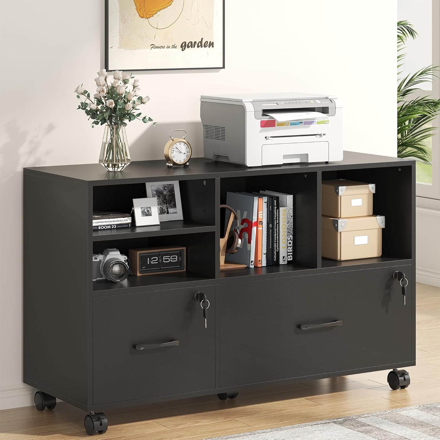 2 Drawer Wood Mobile Large Lateral File Cabinet, Lockable Rolling Filing Cabinet