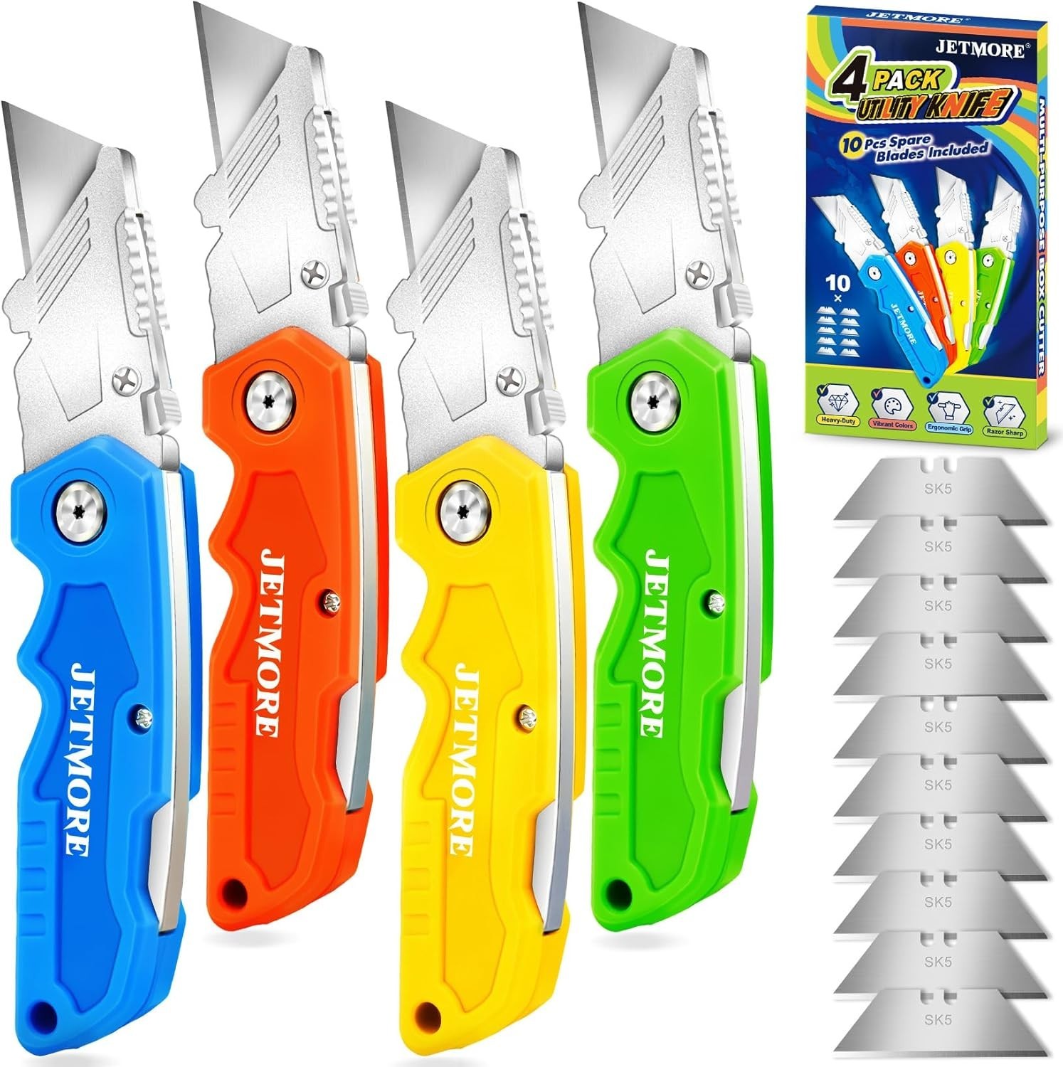 4 Pack Folding Utility Knife Set w/ 10 SK5 Blades Box Cutter