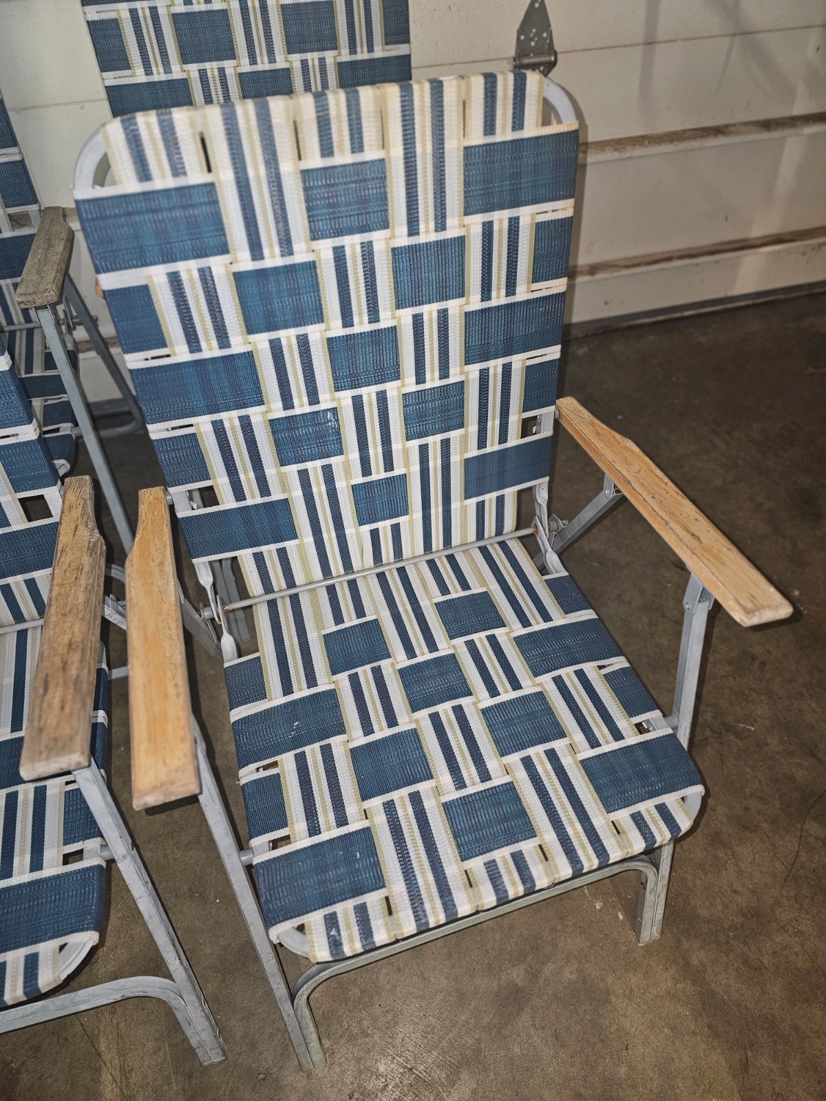 Vintage Mid Century Folding Steel Nylon Web Lawn Chairs Wood Armrests set of 4