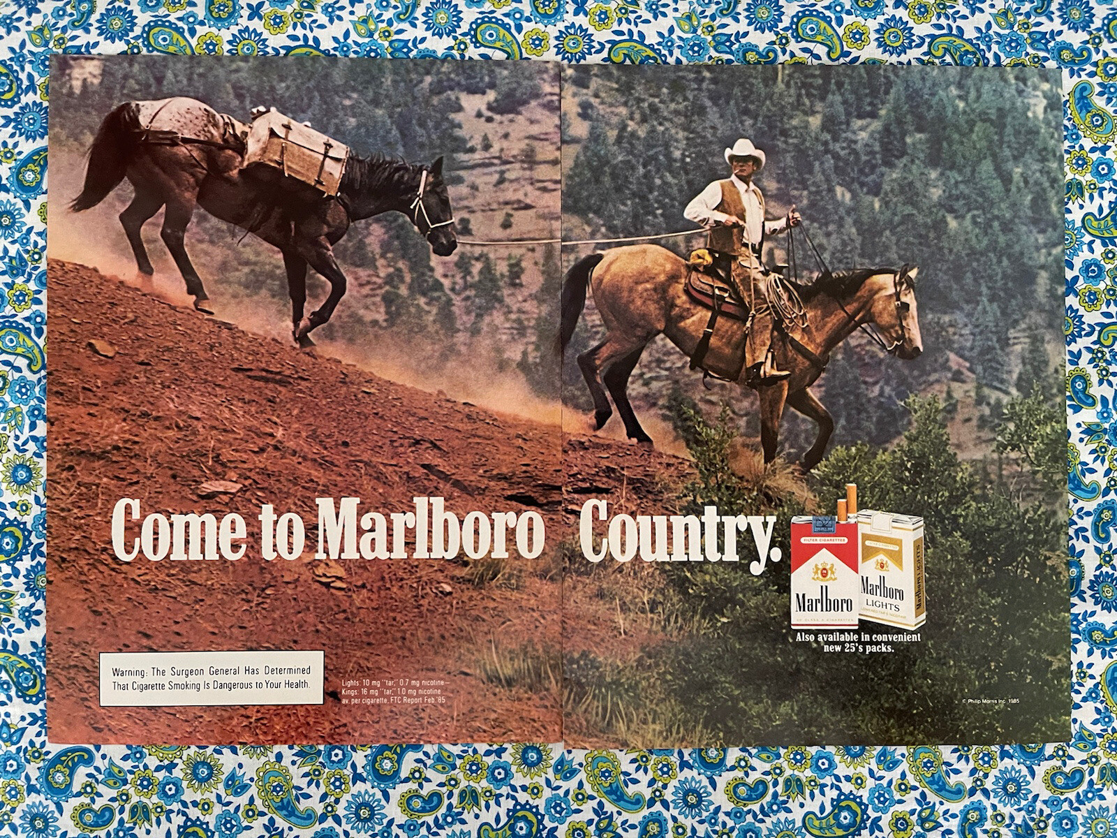 Marlboro Cigarettes 1985 Print Ad Cowboy Horses Pack Horse Marlboro Man