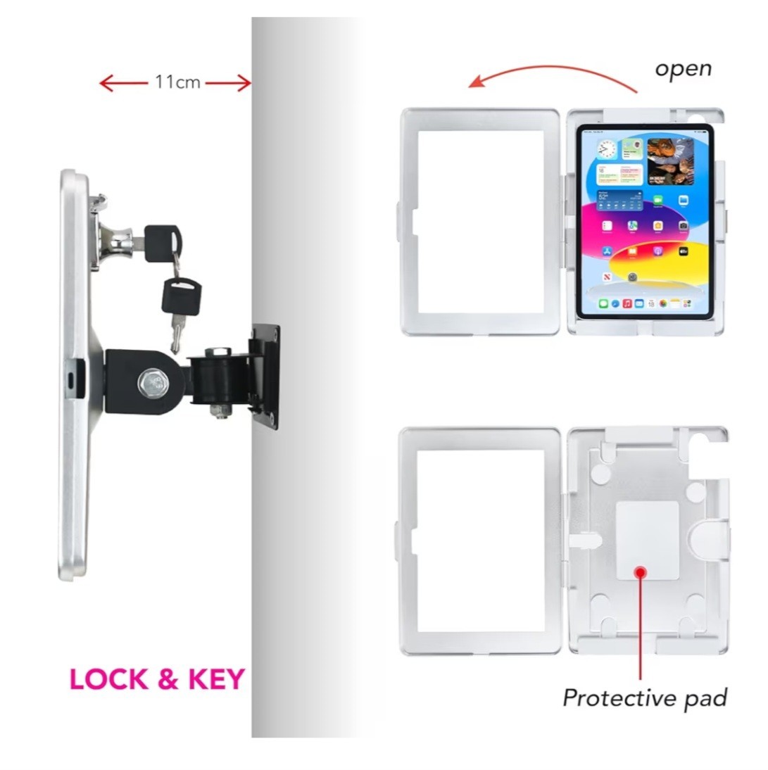 Locking Rotating iPad Tablet Wall Mount Stand w/ Key Lock Metal Base Silver #95
