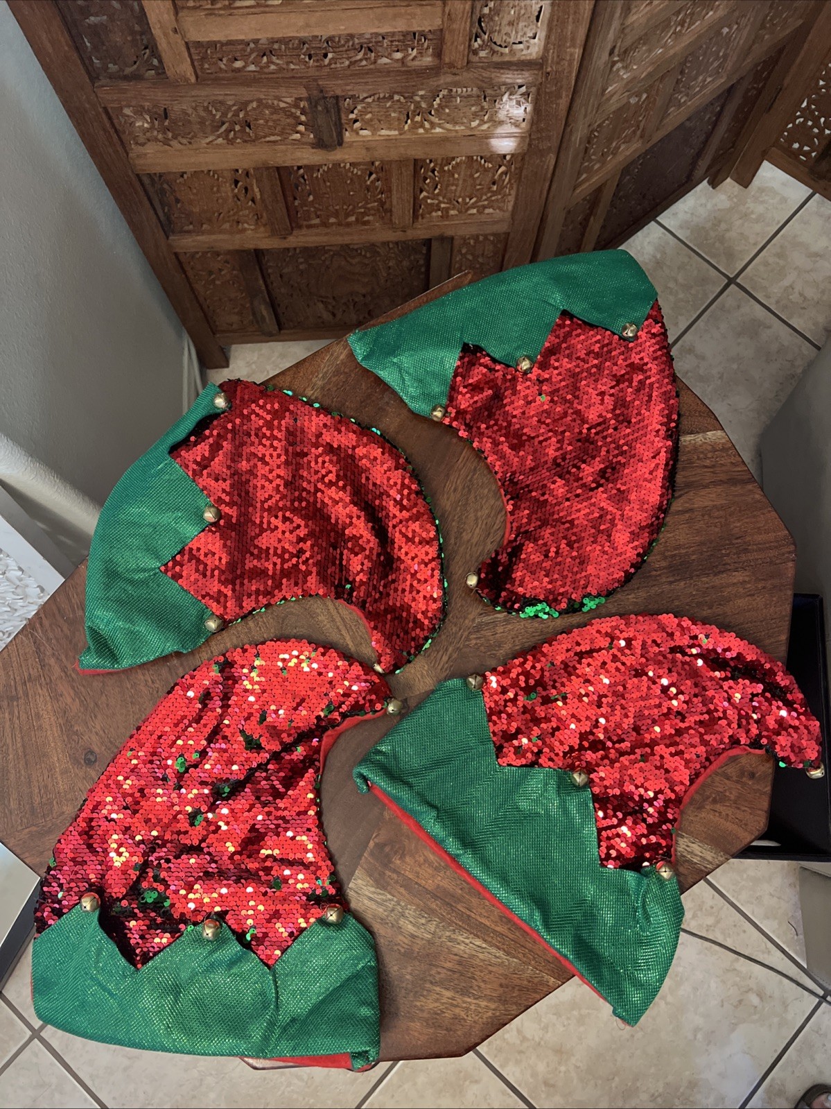 Vintage Elf Hat FOUR Sequins Felt Sequins Jingle Bells Christmas Adult Santa