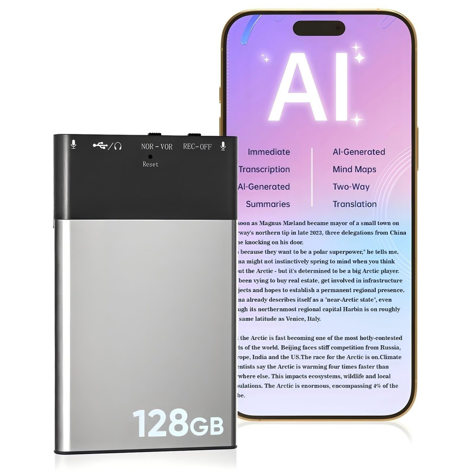 128GB AI Voice Recorder, Note Voice Recorder - Transcribe & Summarize, AI Noi...