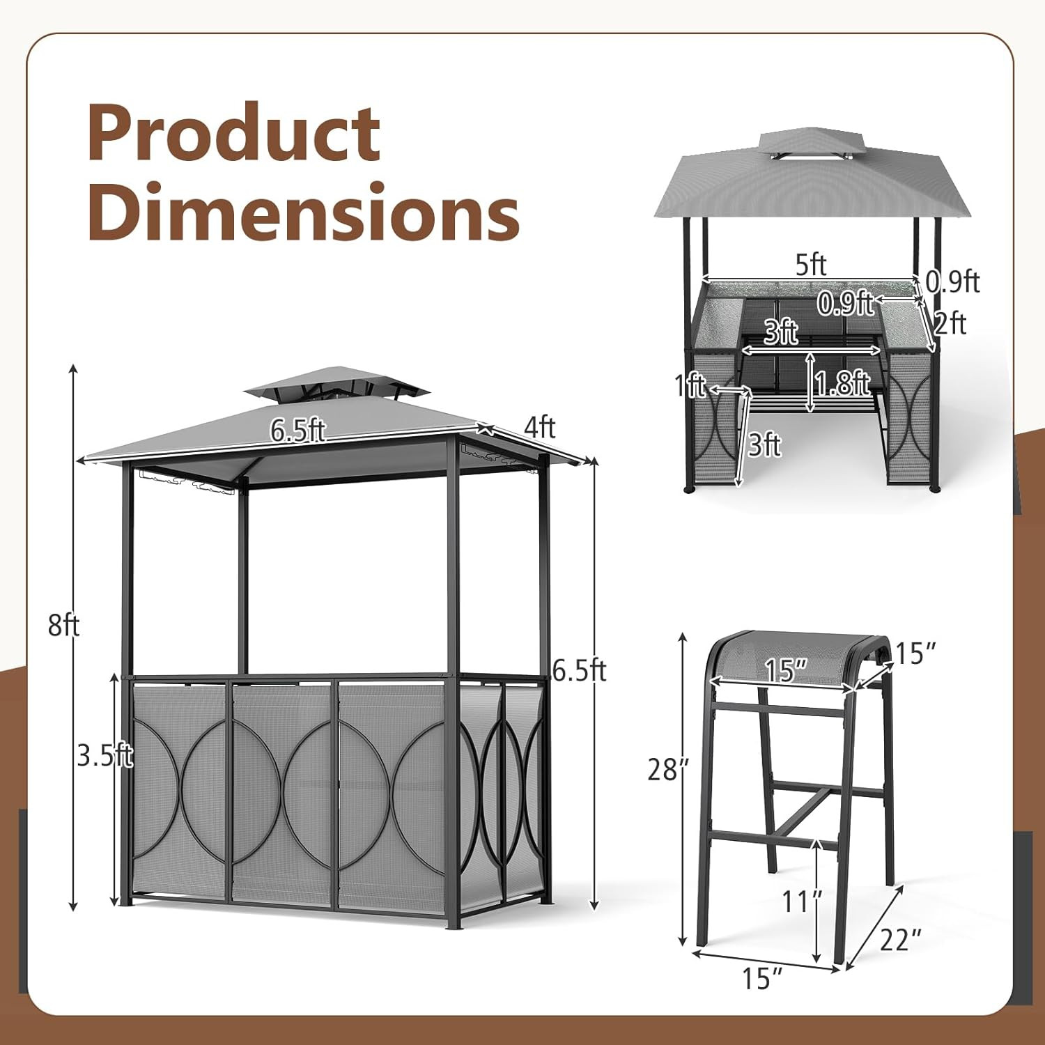 Stylish 3-Piece Patio Bar Set with Canopy, Glass Table & Stools - Grey