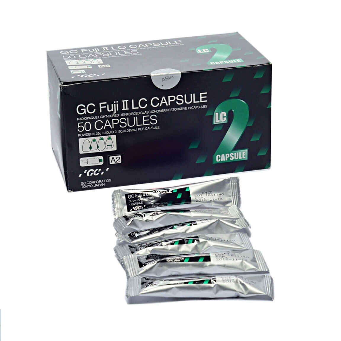 GC Capsules FUJI II Gold Label II LC Glass Ionomer Cement Restorative 50/Pk A2