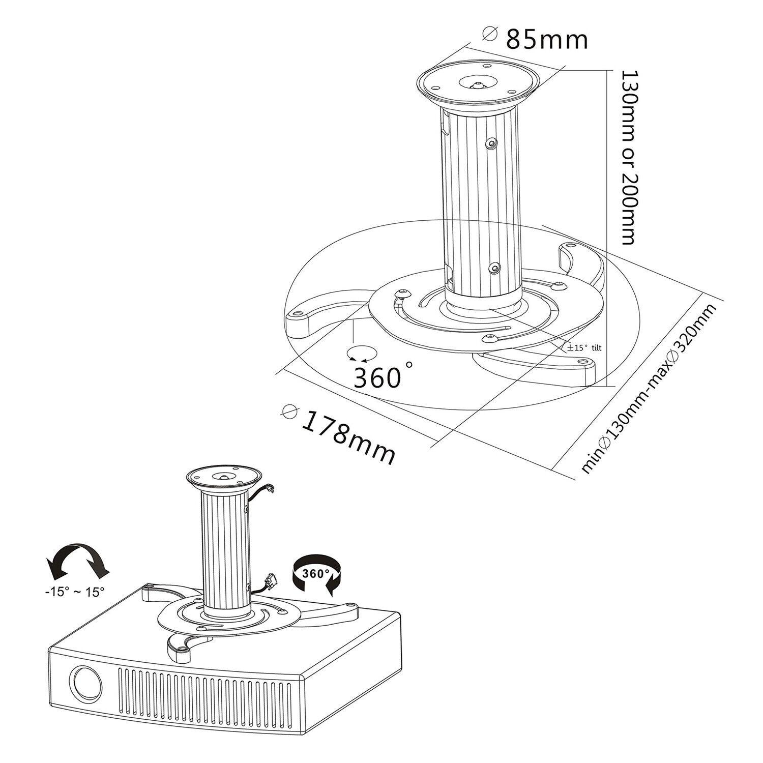 Adjustable Ceiling Projector Mount, 360 Degree Swivel Rotatable Bracket - Silver