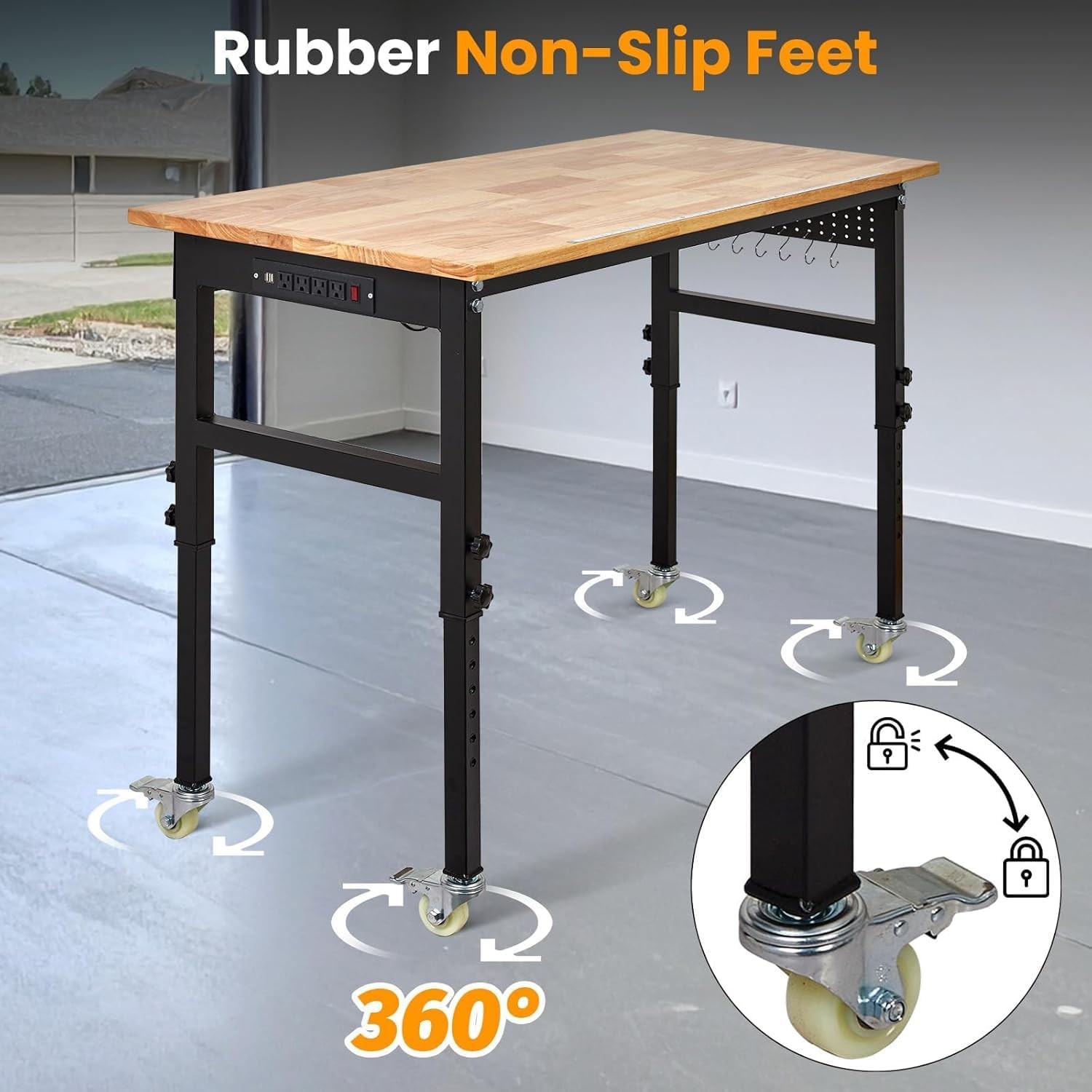 108in L-Shaped Adjustable Workbench w/ Wheels, Drawers Pegboard Power Outlet