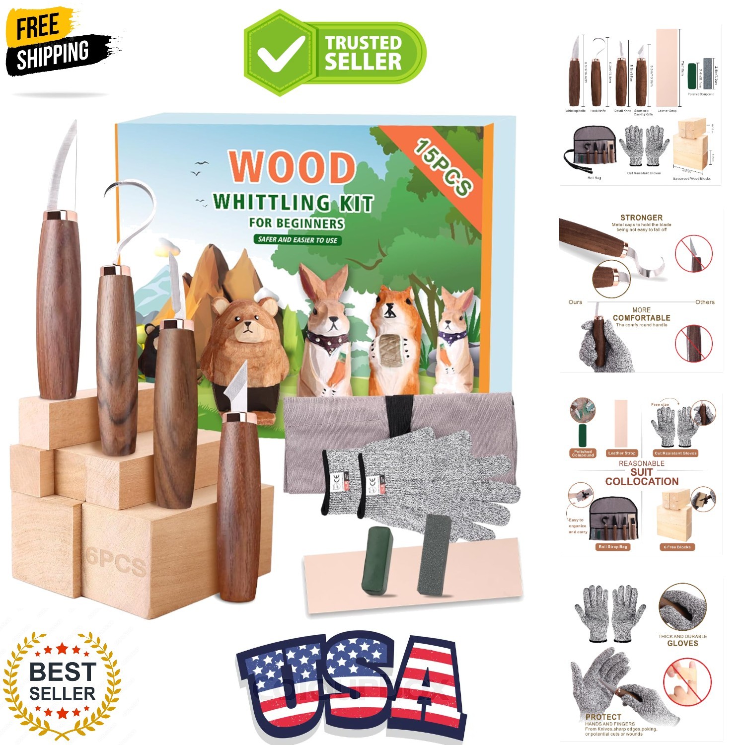 Ultimate 15-Piece Wood Carving Kit - Knives, Gloves, and Wooden Blocks Included