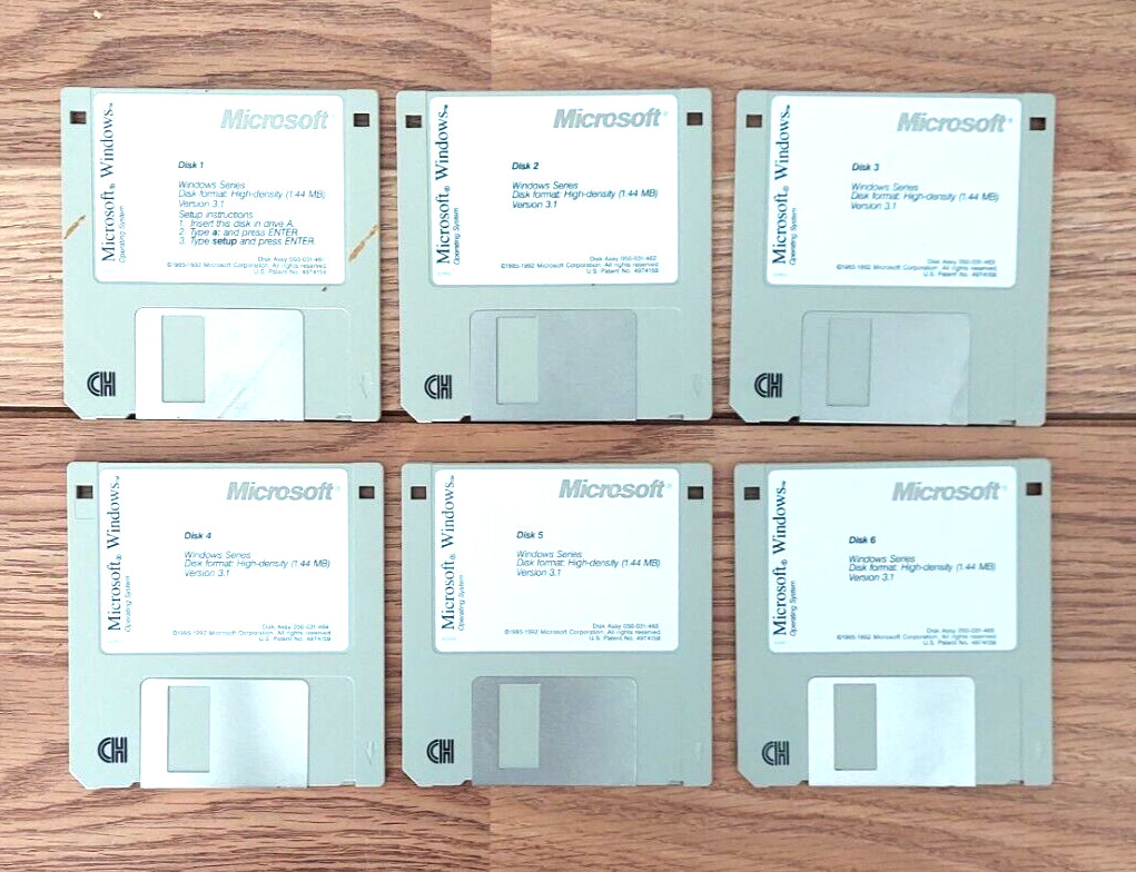 Microsoft Windows Version Operating Systems 3.5” Floppy Disks Set of 6 VTG 1992
