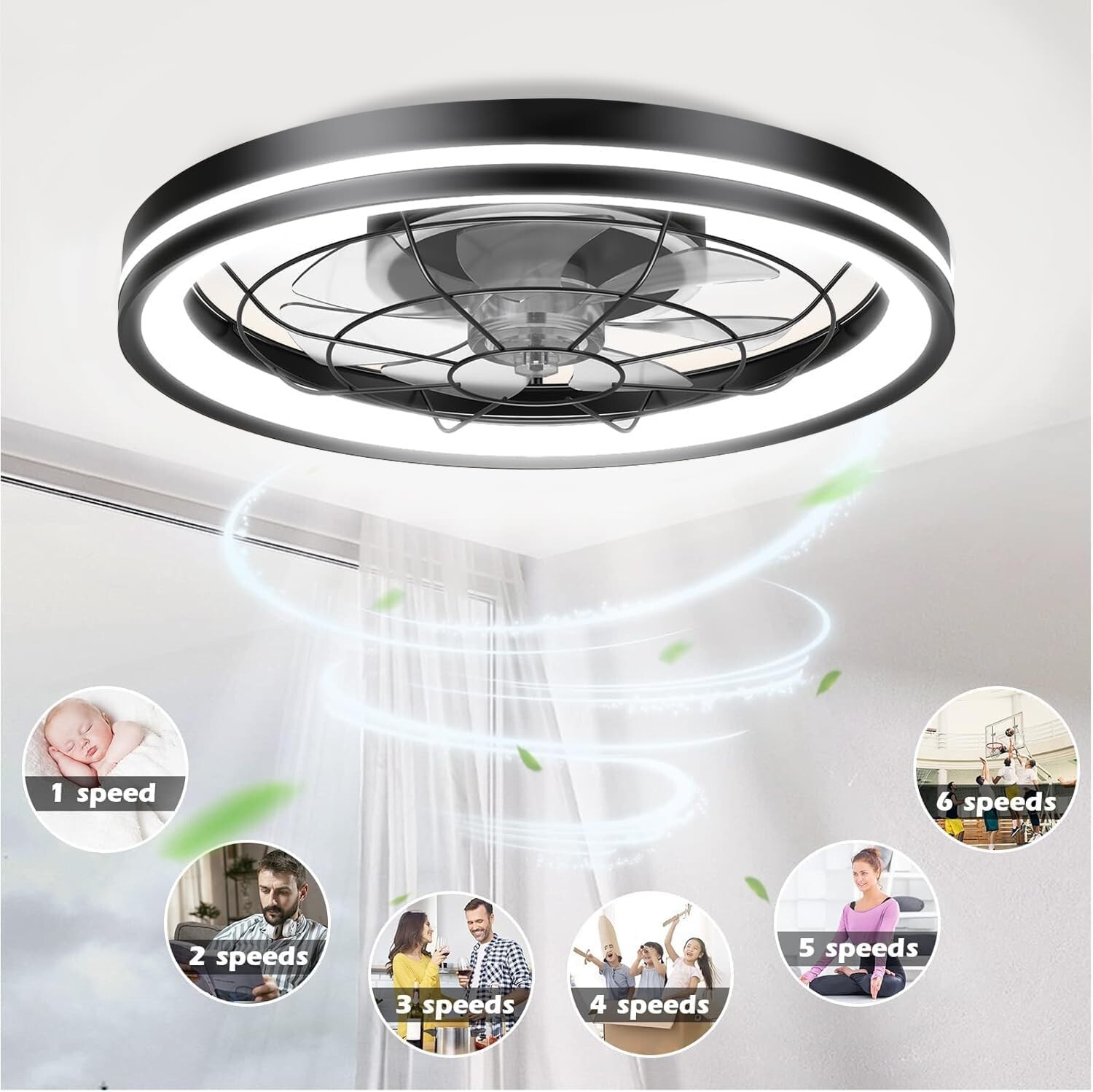 20" Modern LED Ceiling Fan Lights Flush Mount Light kit With APP Remote Control