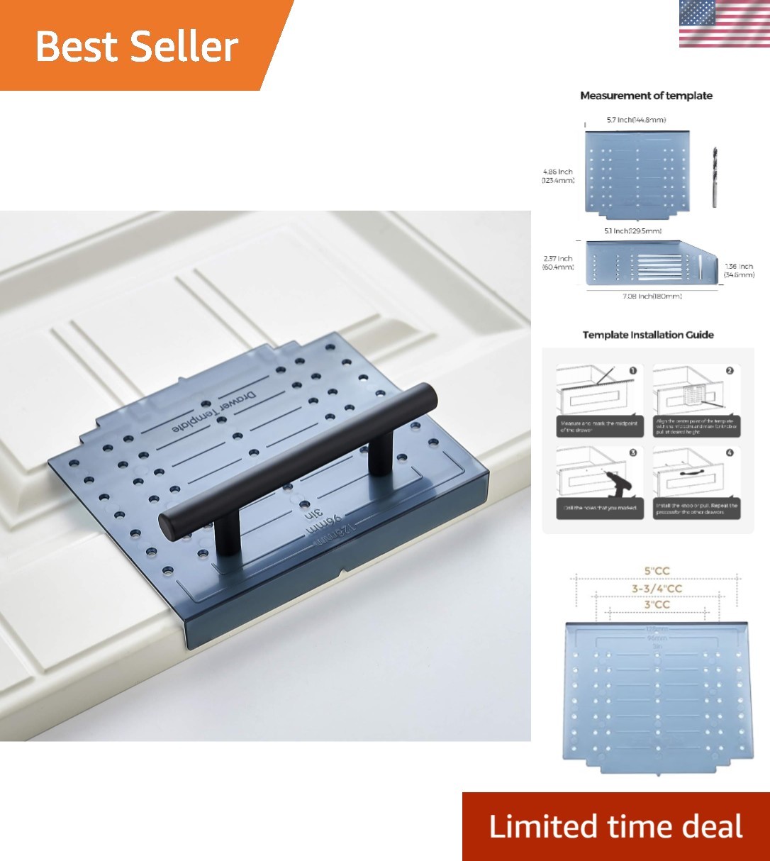 Cabinet Door & Drawer Hardware Installation Template with Drill Bit – 3-5" Specs