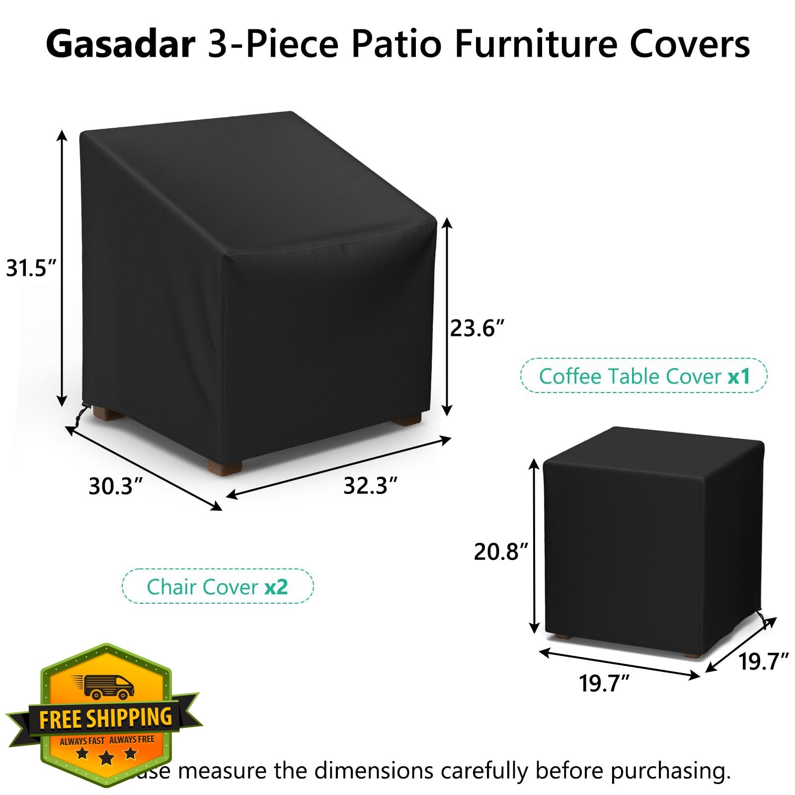 Gasadar Outdoor Furniture Cover Waterproof, 3 Piece Patio Set, Black