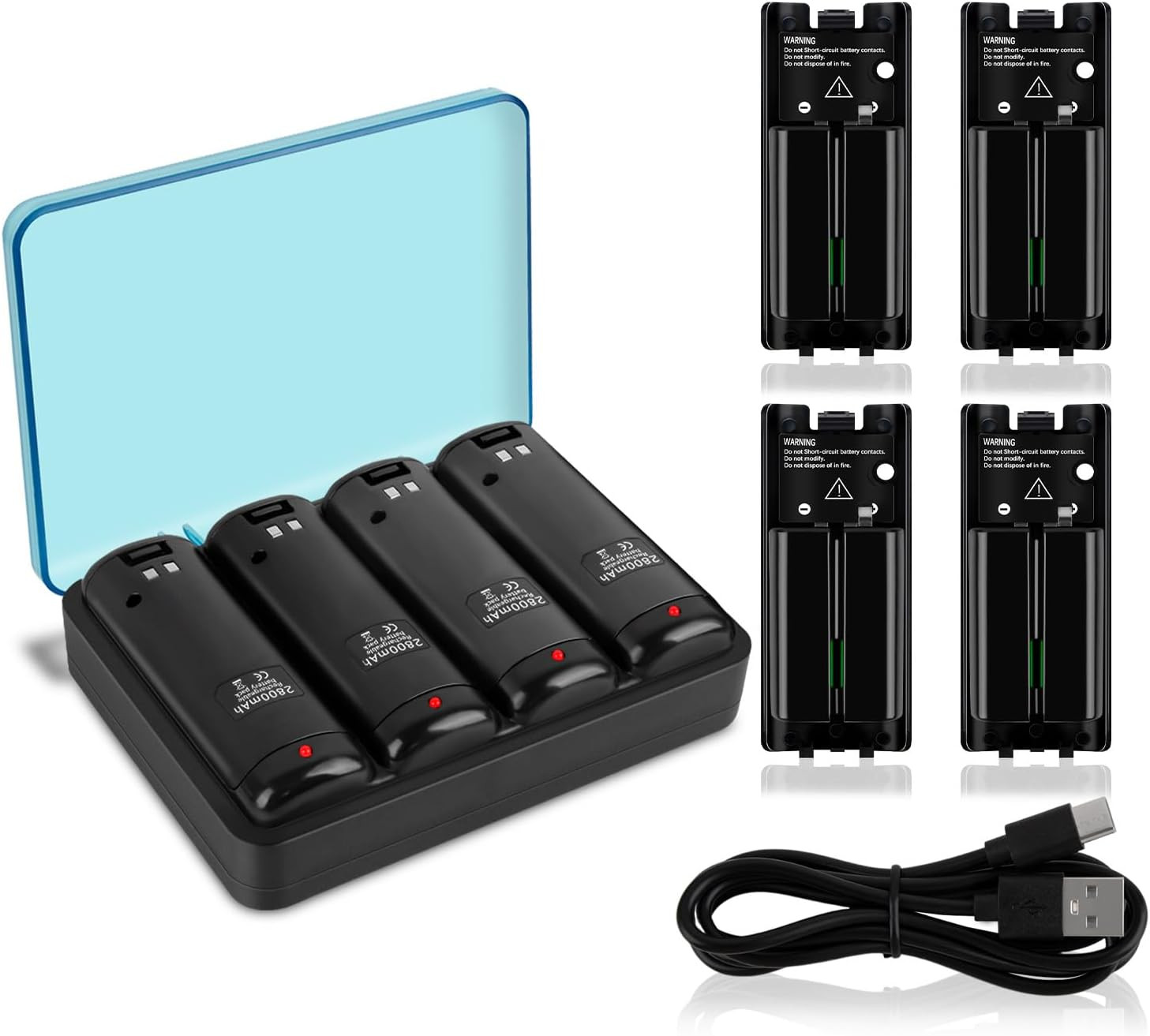 4 in 1 Wii Remote Battery Charger Station 4 Pack 2800mAh Rechargeable Batteries