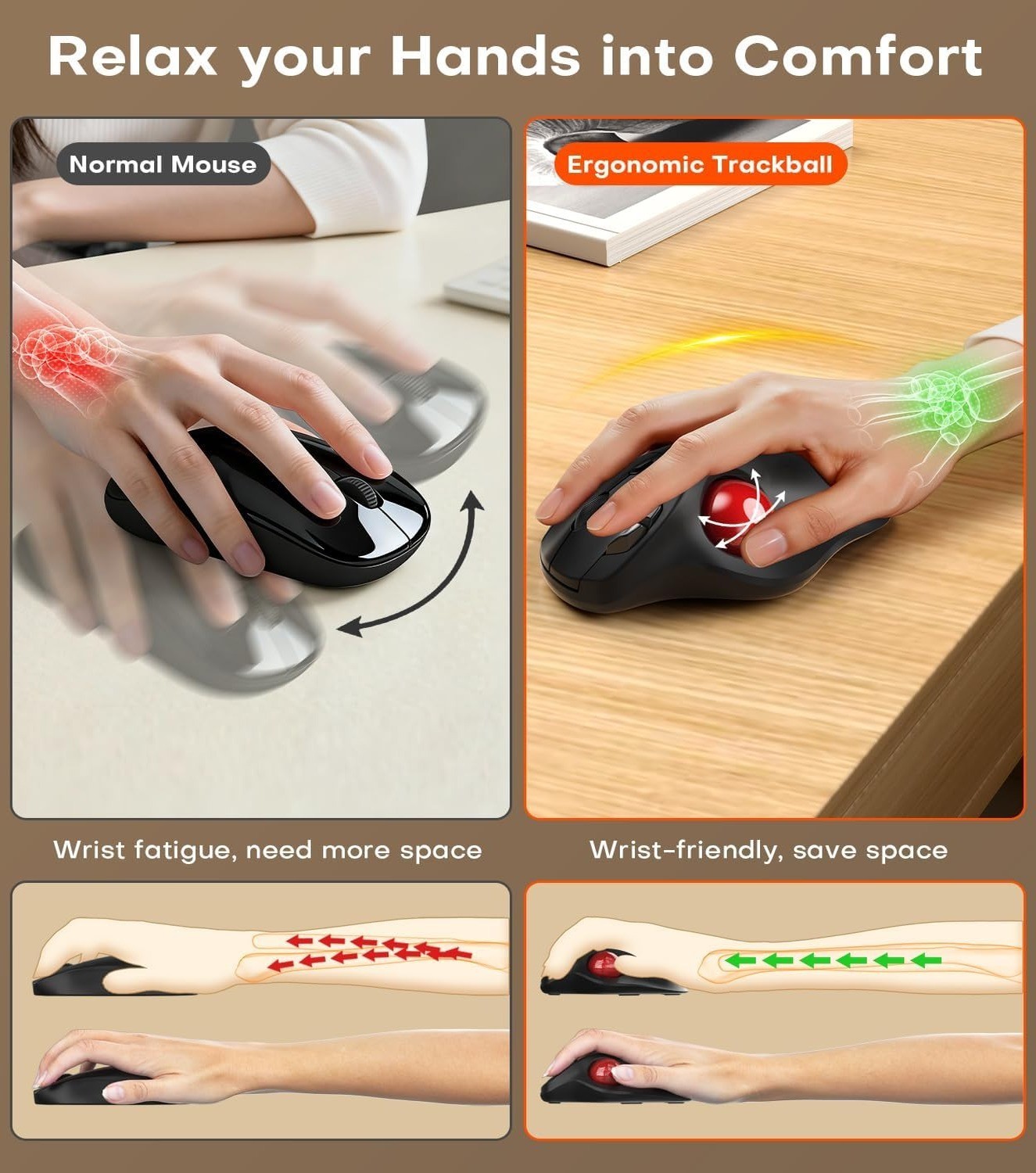 Wireless Ergonomic Trackball Mouse Bluetooth 2.4G Thumb Control Multi Device PC