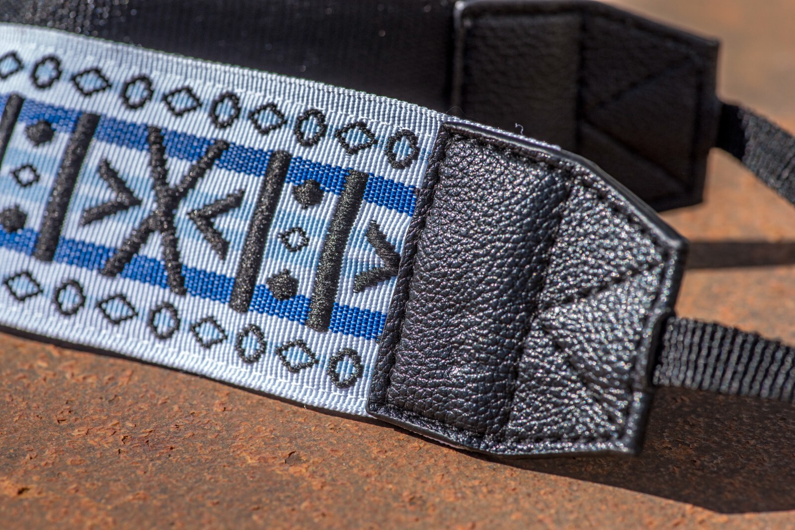 Stunning White, Blue, and Black Geometric Pattern Hippie-inspired Camera Strap