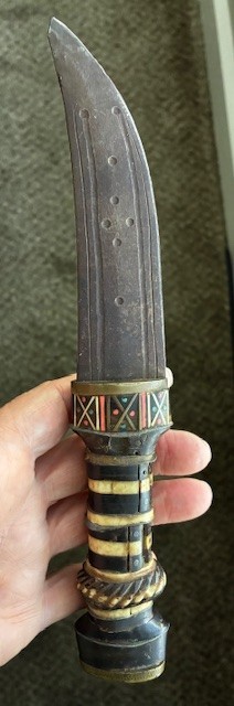 Vintage Dagger Knife Wood Metal Brass Geometric, Magnetic Blade 9"