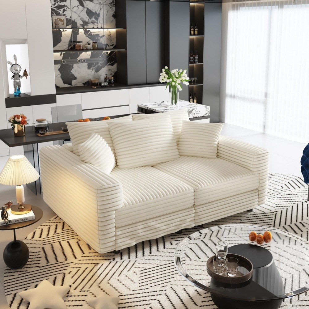 Modern Plush Corduroy 3-Seat Sofa w/ Ottoman,Convertible Lounge Chair-Beige