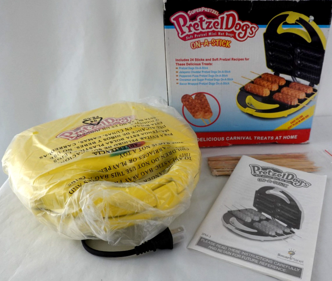 Super Pretzel Dogs On a Stick Maker Manual Recipes faded Box Open Box