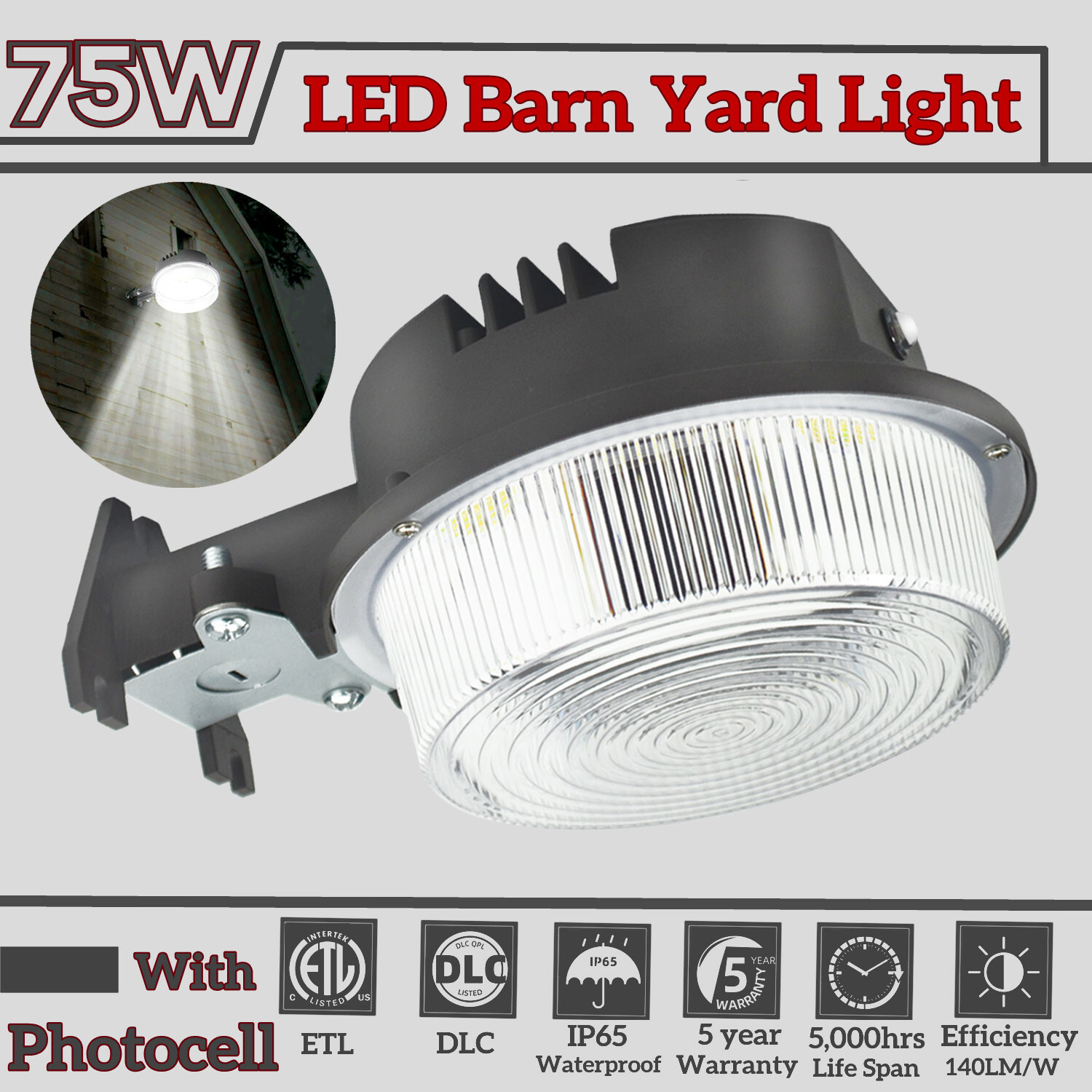 75W LED Barn Light Dusk- to-Dawn Outdoor Security Yard Street Light Flood Light