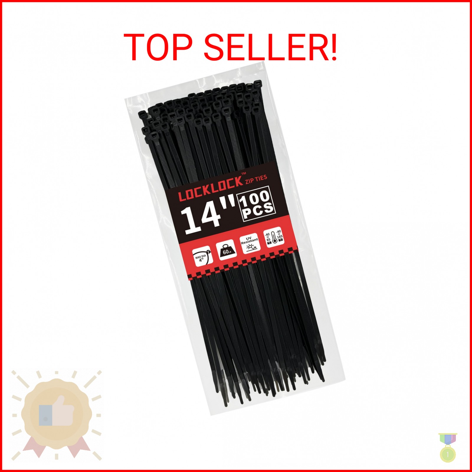 Zip Ties 14 inch(100 Pack), 60 lb, Black Heavy Duty Wire Ties, UV Resistant Cabl