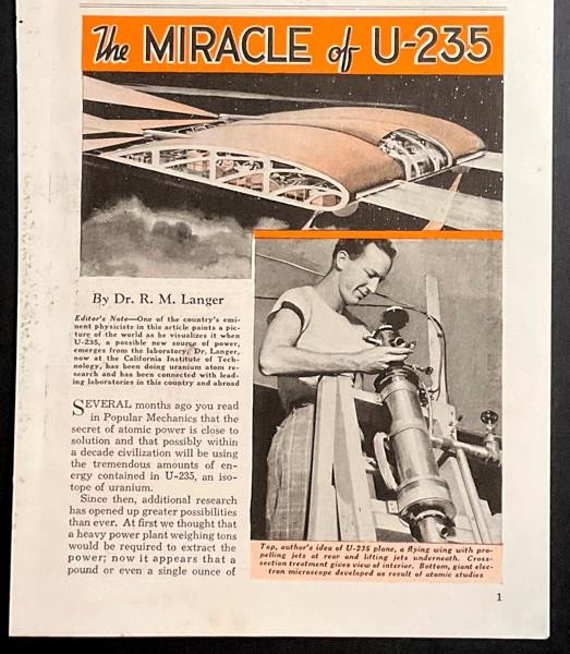 “The Miracle of U-235” by Dr. Langer 1941 Atomic power article Planes Trains Car