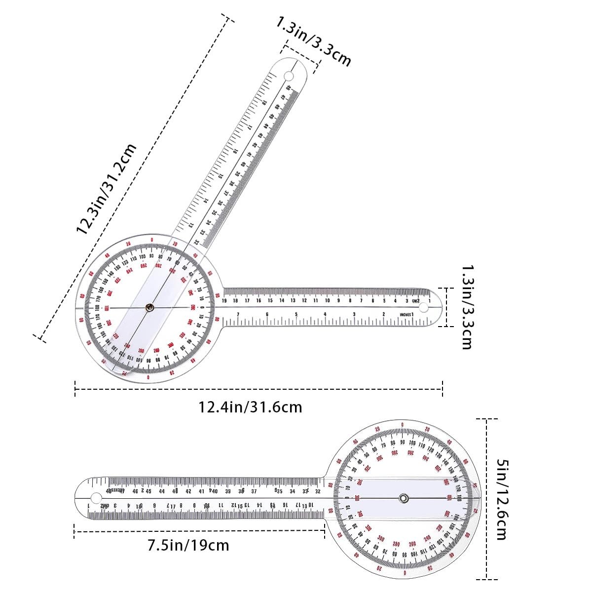 Goniometer 12 inch, Transparent Orthopedic Angle Ruler Plastic Goniometer,