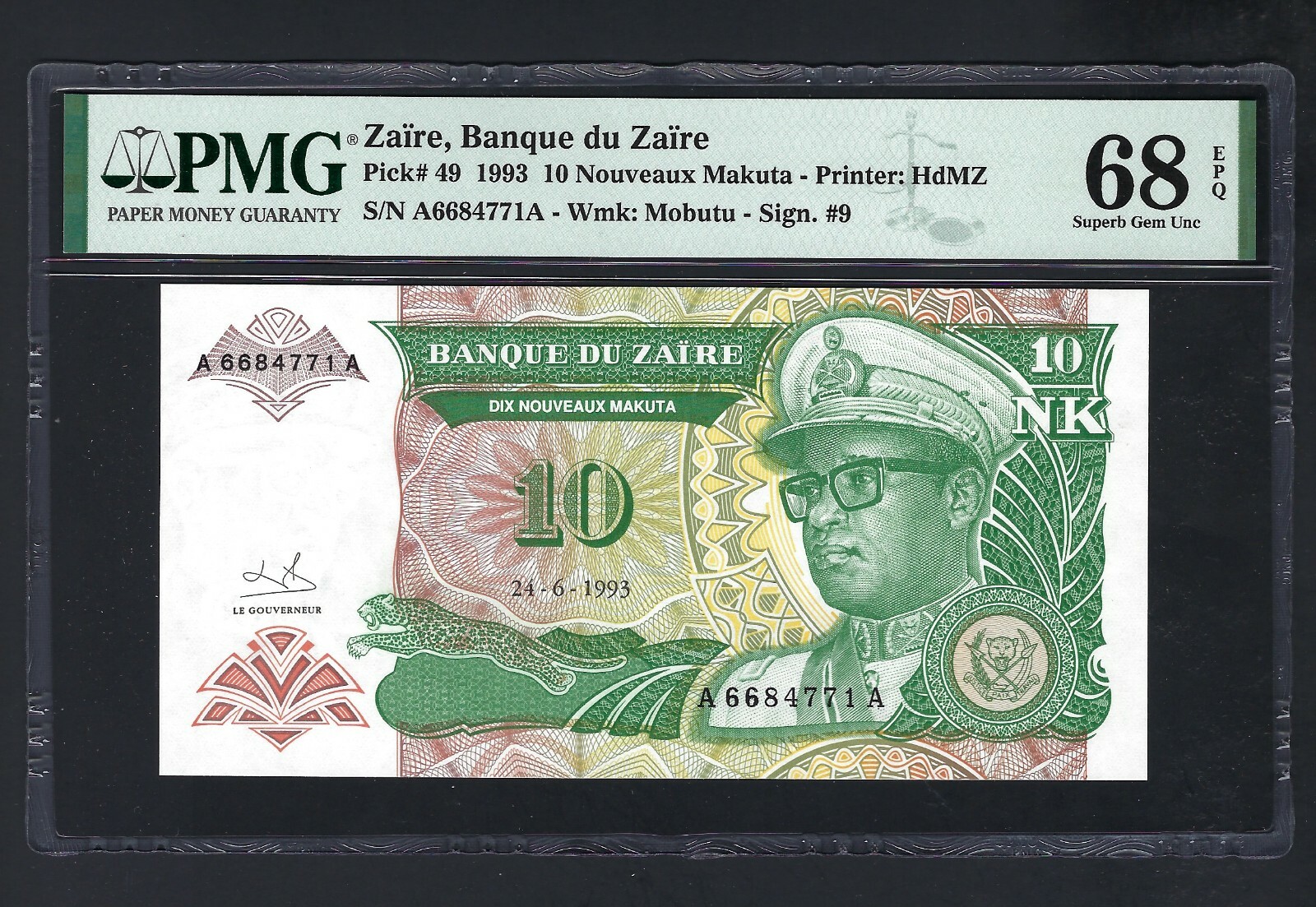 Zaire 10 Nouveaux Makuta 24-6-1993 P49 Uncirculated Grade 68