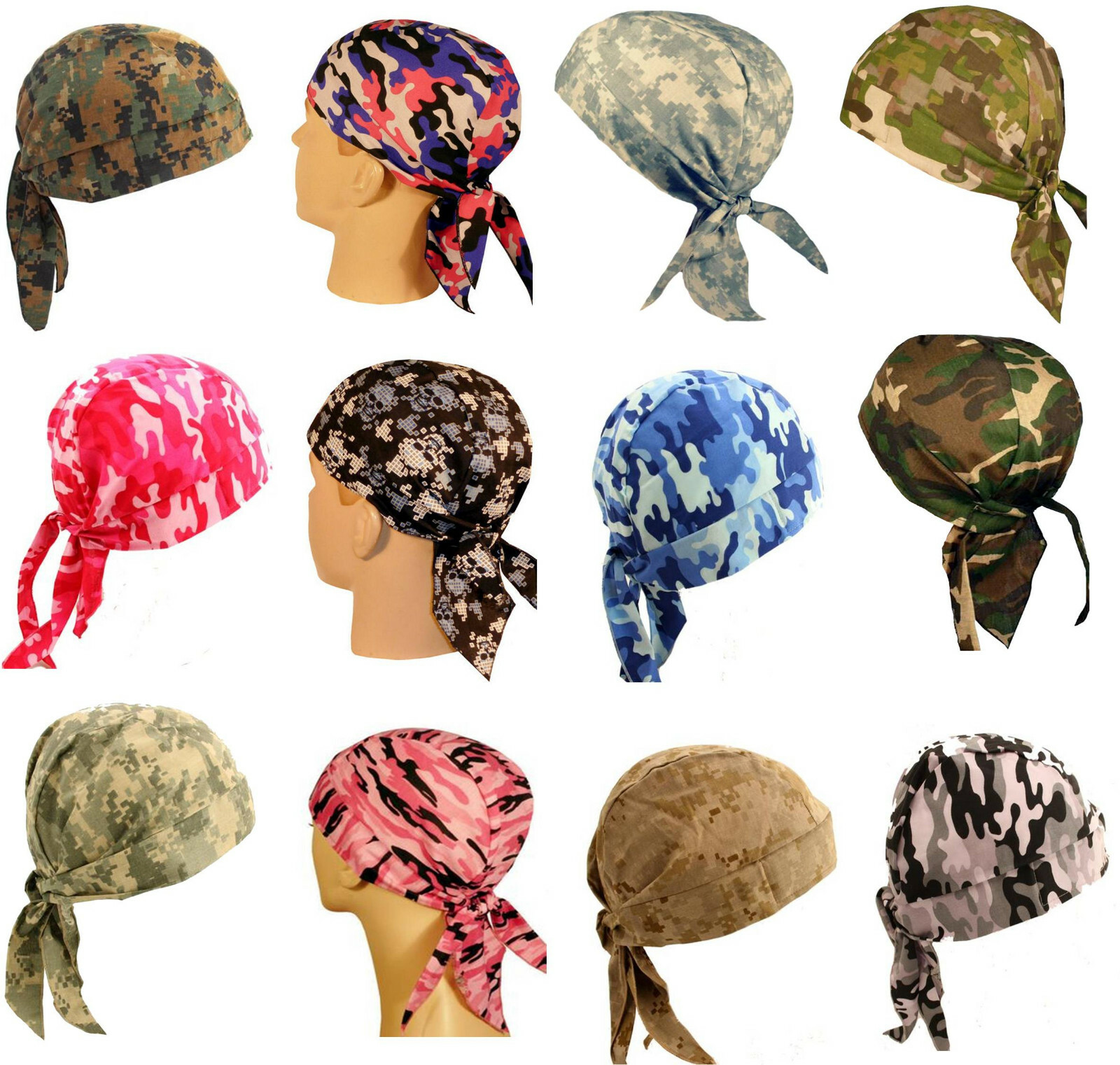 Camouflage Motorcycle Skull Cap Doo Rag Bandana Wrap Hat Chemo Bald Head Cover