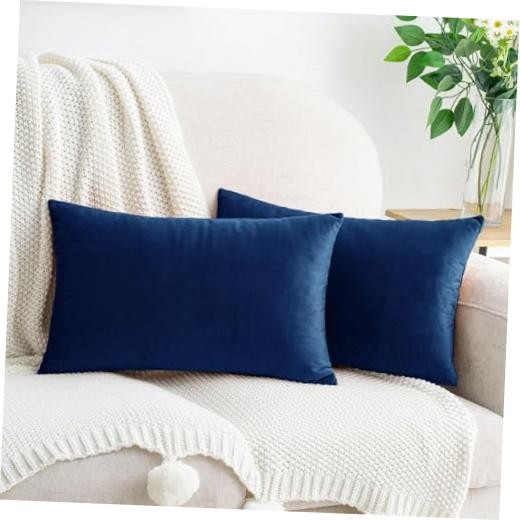 Velvet Rectangular Throw Pillow Covers 12x20 20" x 12" (Pack of 2) Navy Blue