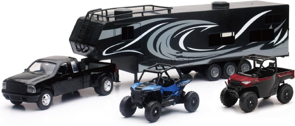 NewRay Dually Truck w/ Toy Hauler & RZR XP Turbo/Ranger XP1000 1/18 Scale Set