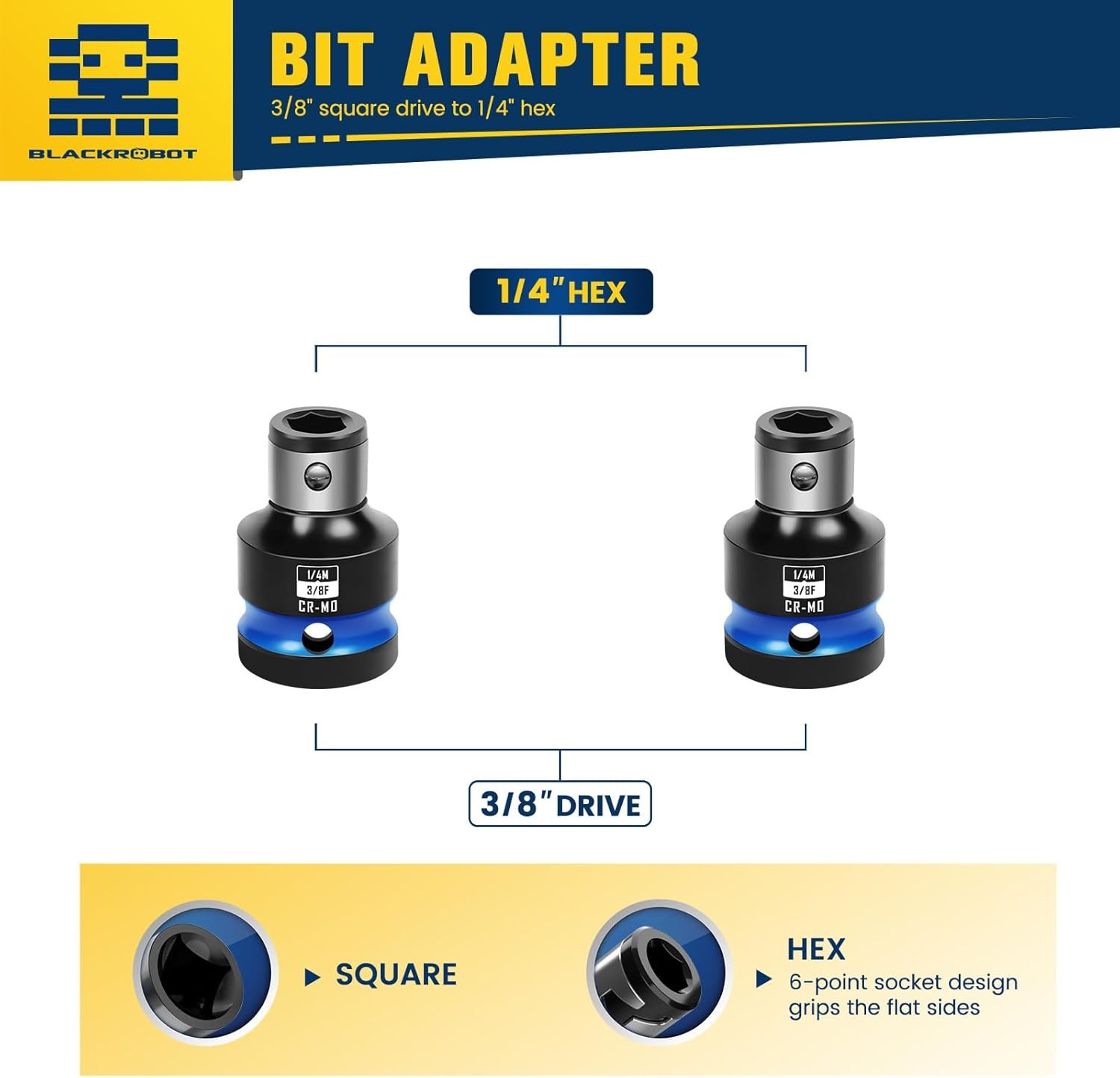 BLACKROBOT 3/8" to 1/4" Impact Bit Adapters 2pc
