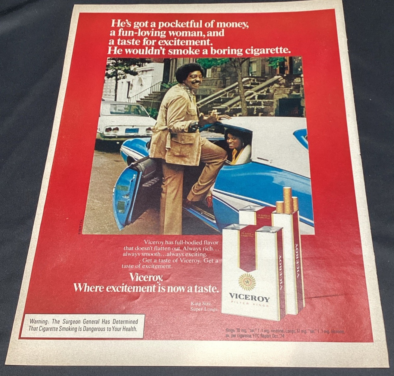 Vtg Ad, Viceroy Cigarettes, Ebony Mag 1975 - Great to Frame - ships free