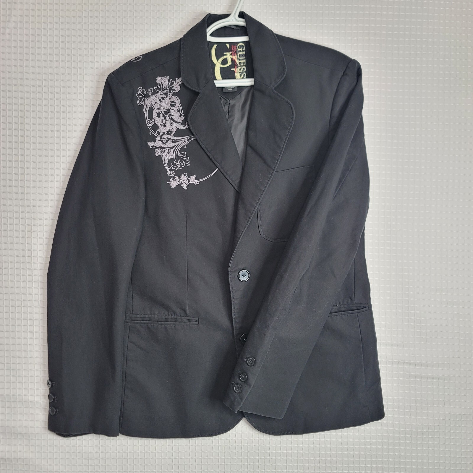 GUESS S/P 100% Cotton Denim Black Floral Embroidery Button Pockets Lined