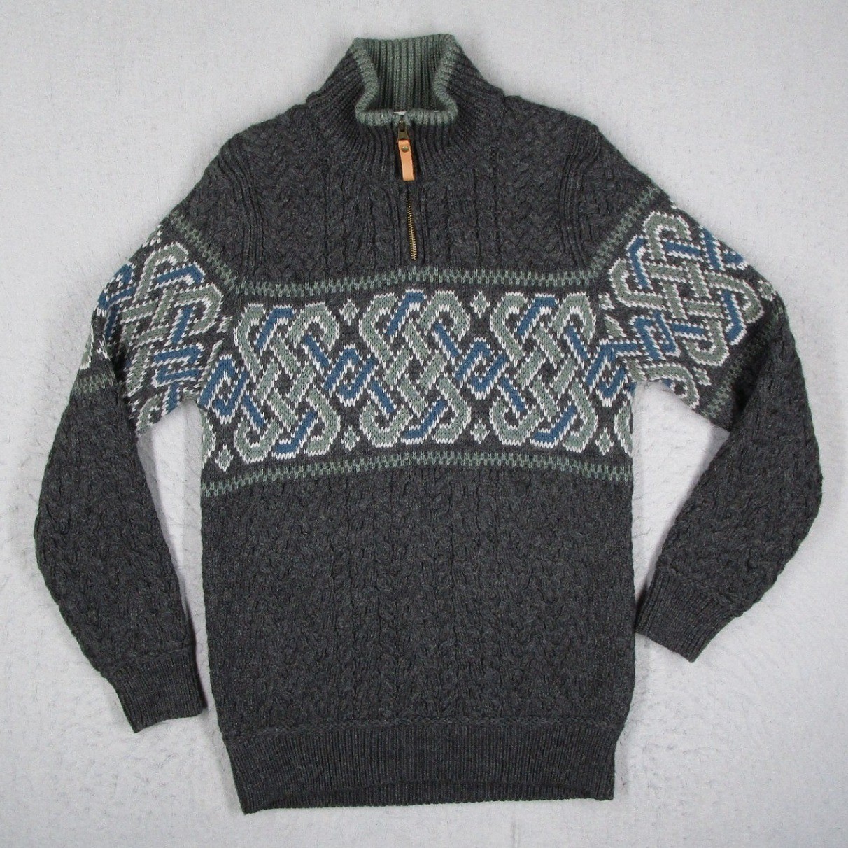 Aran Crafts Mens Small Merino Wool Quarter Zip Sweater Celtic Knot Gray Ireland