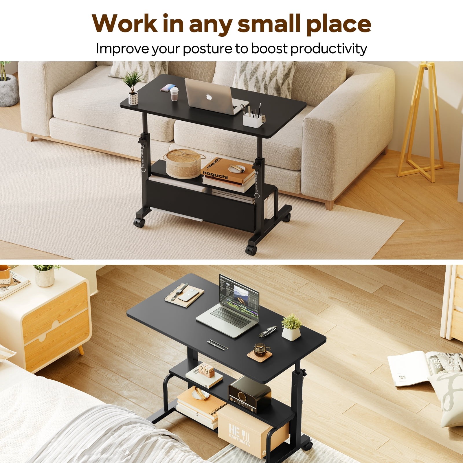 Height Adjustable Desk Standing Desk Small Desk for Small Spaces, Mobile Rolling