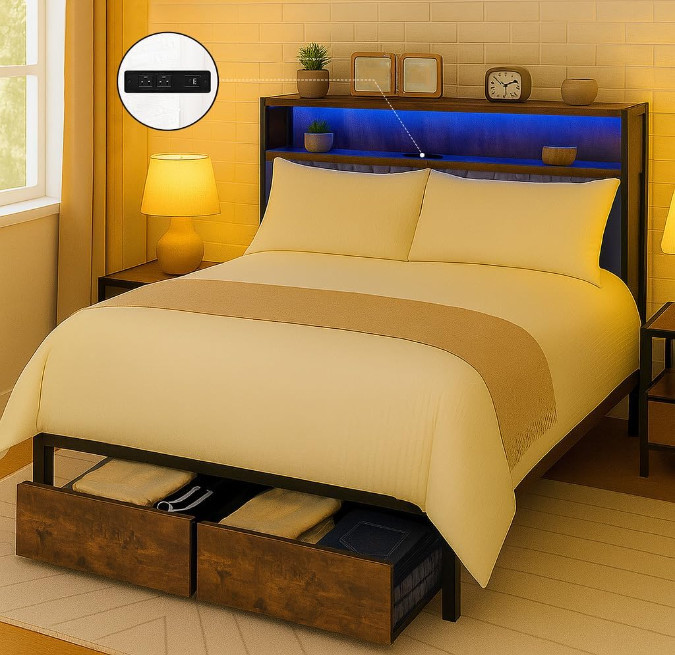 COMHOMA Queen Bed w/ LED Lights, USB Ports & Storage, No Box Spring Needed