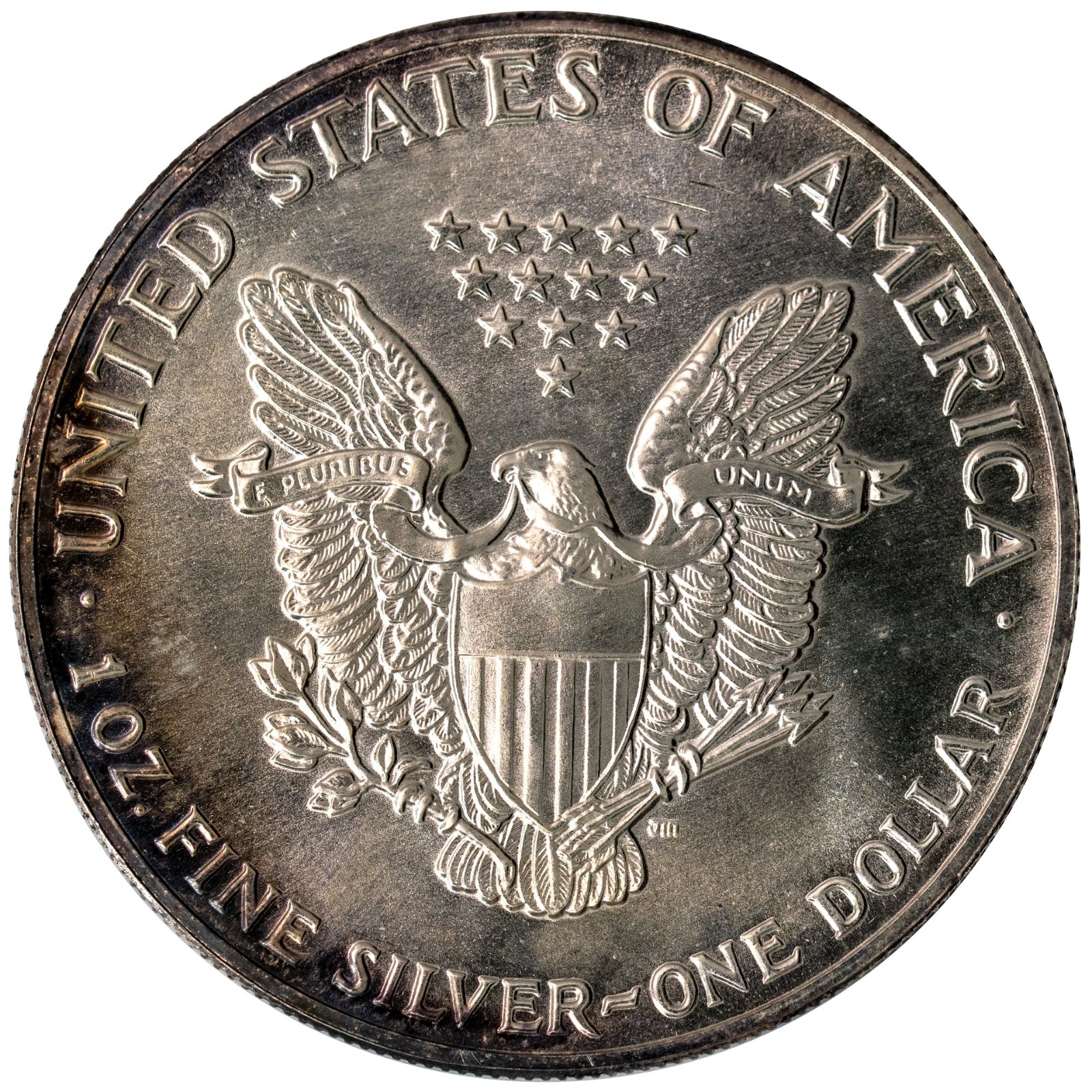 1987 1oz Silver Eagle STUNNING Obverse Violet Toning - Premium Gem Uncirculated