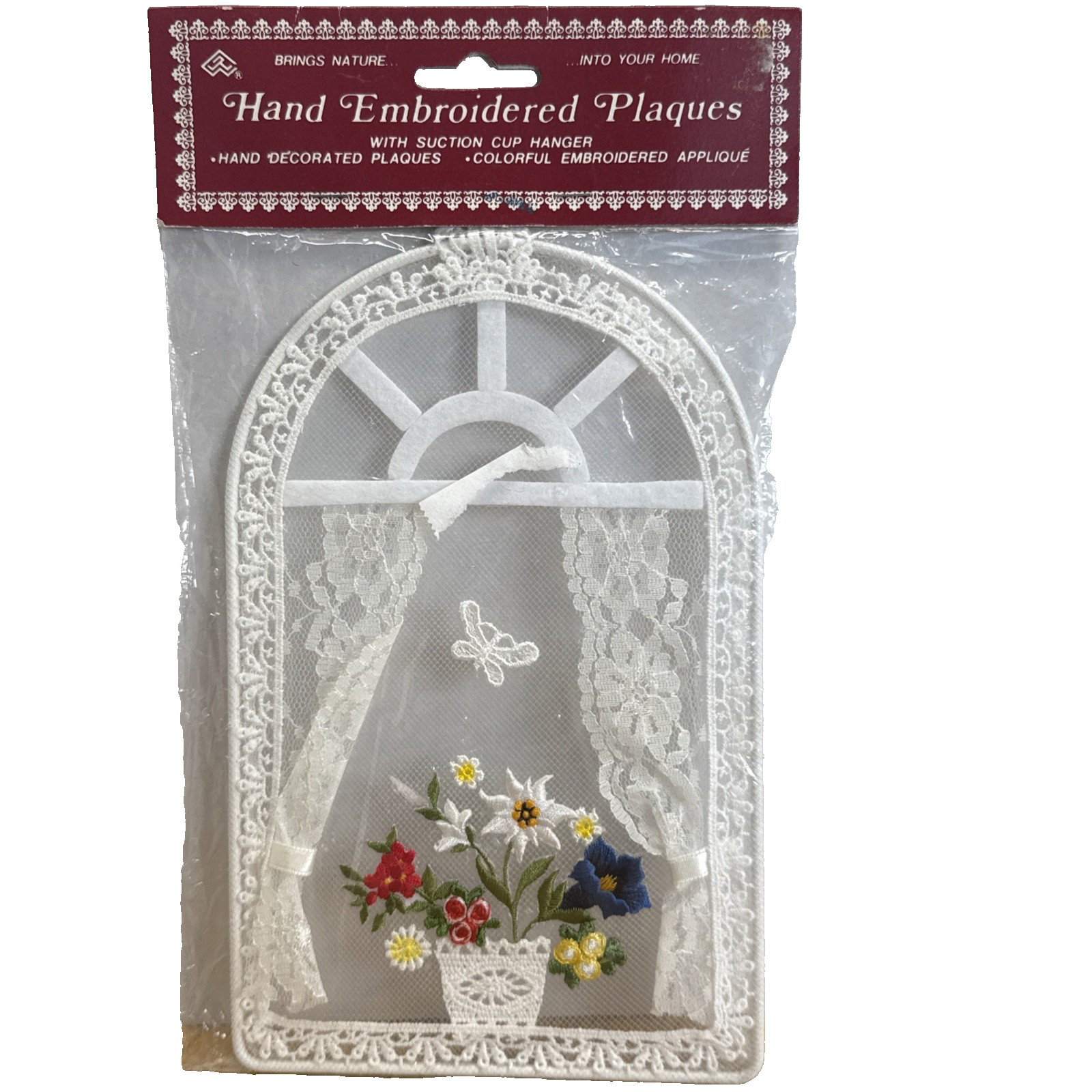 Vintage  Lace Window Suncatcher 8.5”x5.5”Arch Flowers Metal Frame Hangar