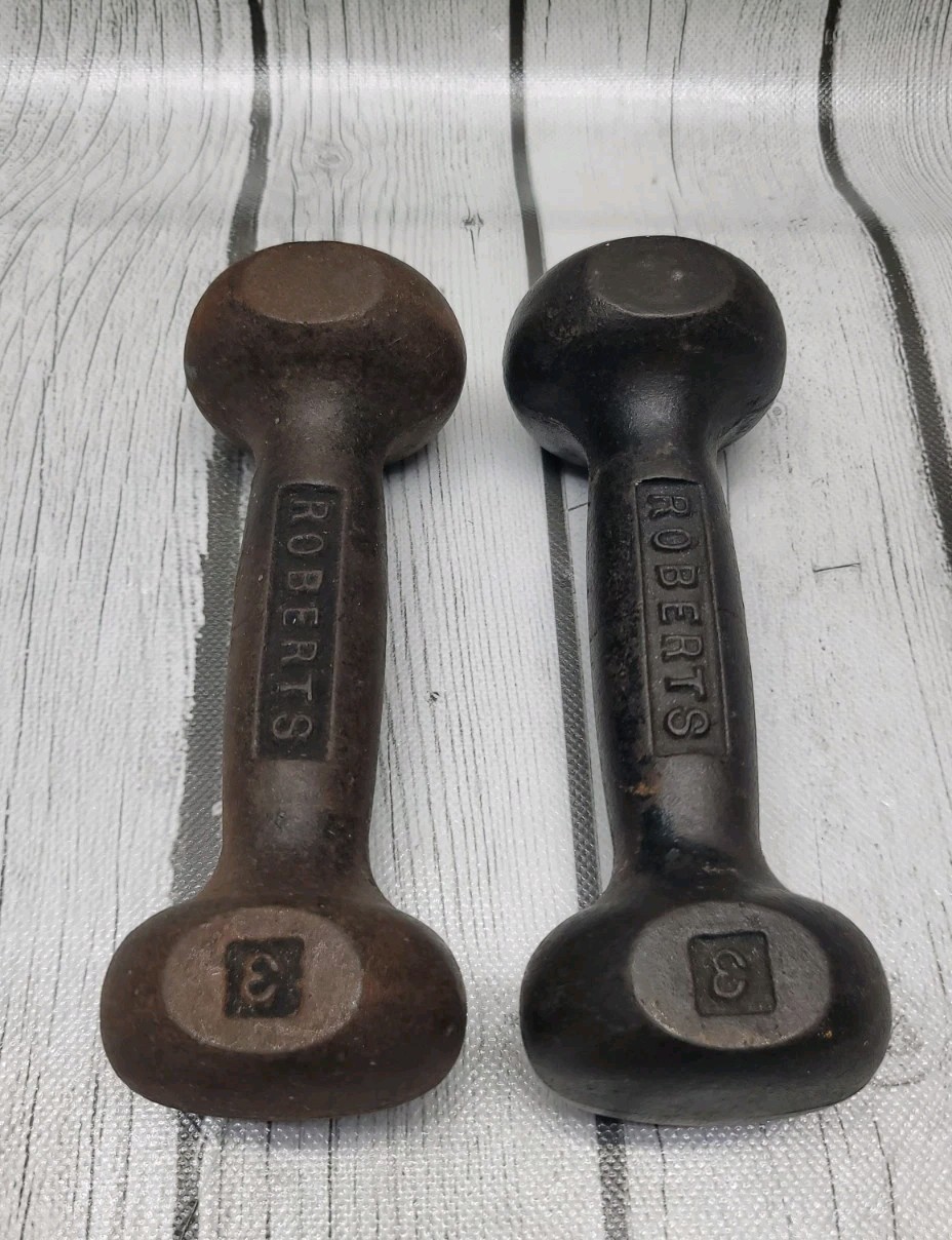 ROBERTS Vintage Pair 3 Pound Lbs Cast Iron Dumbbells Round Heads w/ Flat Rests